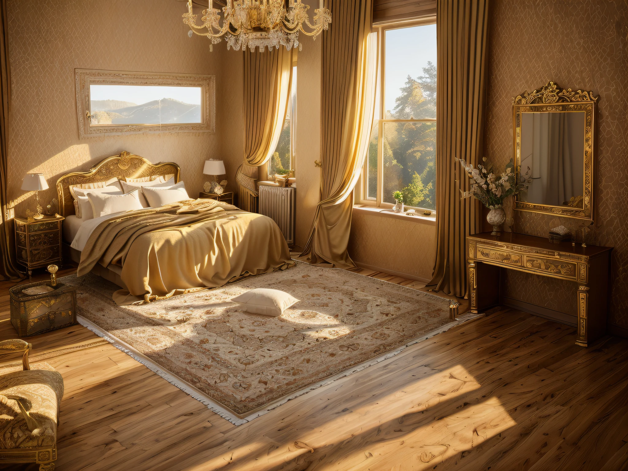 Authentic neoclassic masterpiece - a highly detailed and best quality rendering of a cozy bedroom interior with a comfy bed, exquisite rug, wooden flooring, elegant window with sheer curtains, and sun-kissed daylight streaming in, all rendered with the industry-leading vray renderer.