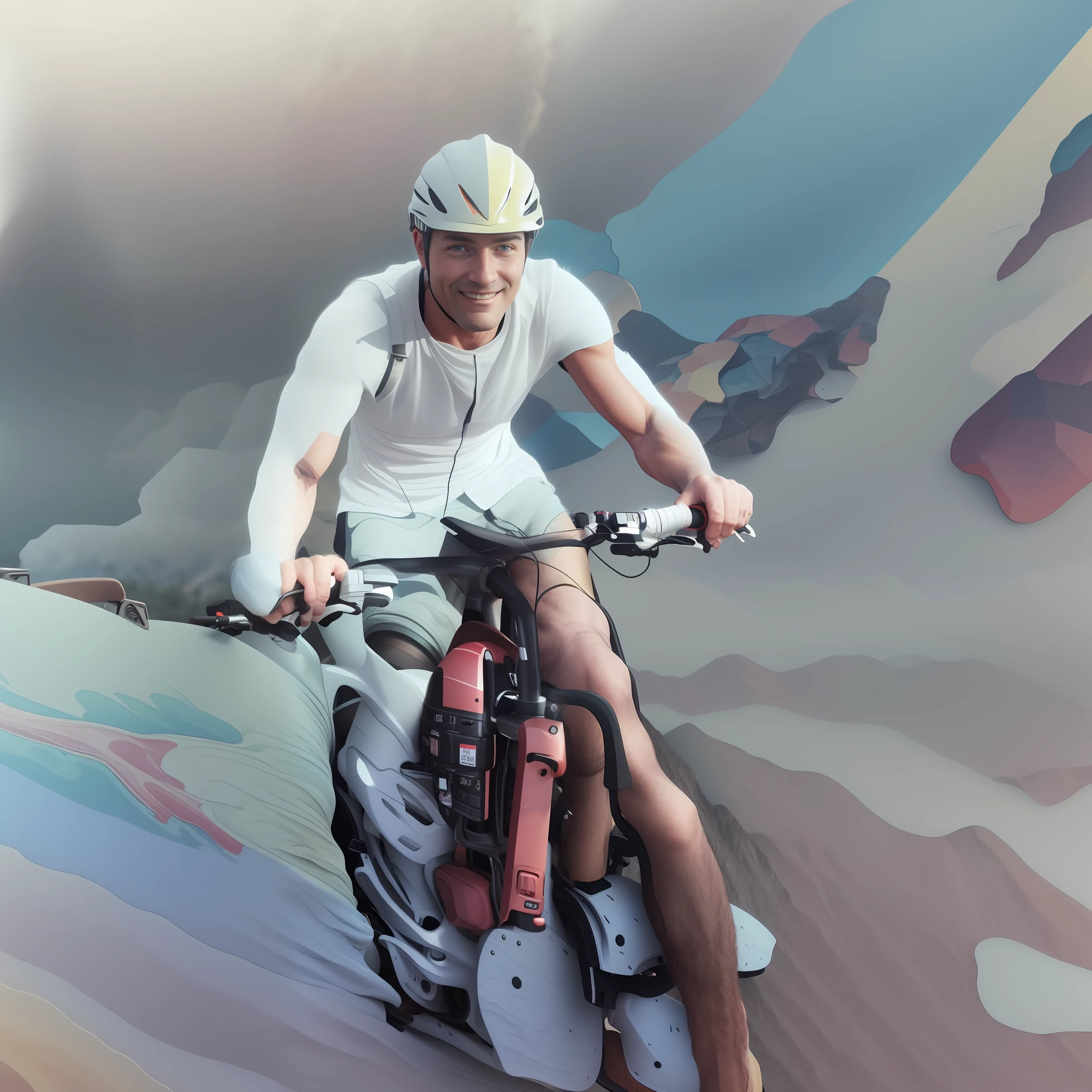 there is a man riding a bike on a mountain with a helmet on, cycles4d render, cycles4d, cycles 3 d render, cycle render, cycles render, anaglyph effect, cycles render 4k, anaglyph, 3 d cgi, 3d cgi, soft 3d render, extreme render, cinema4d render, cinema 4 d render