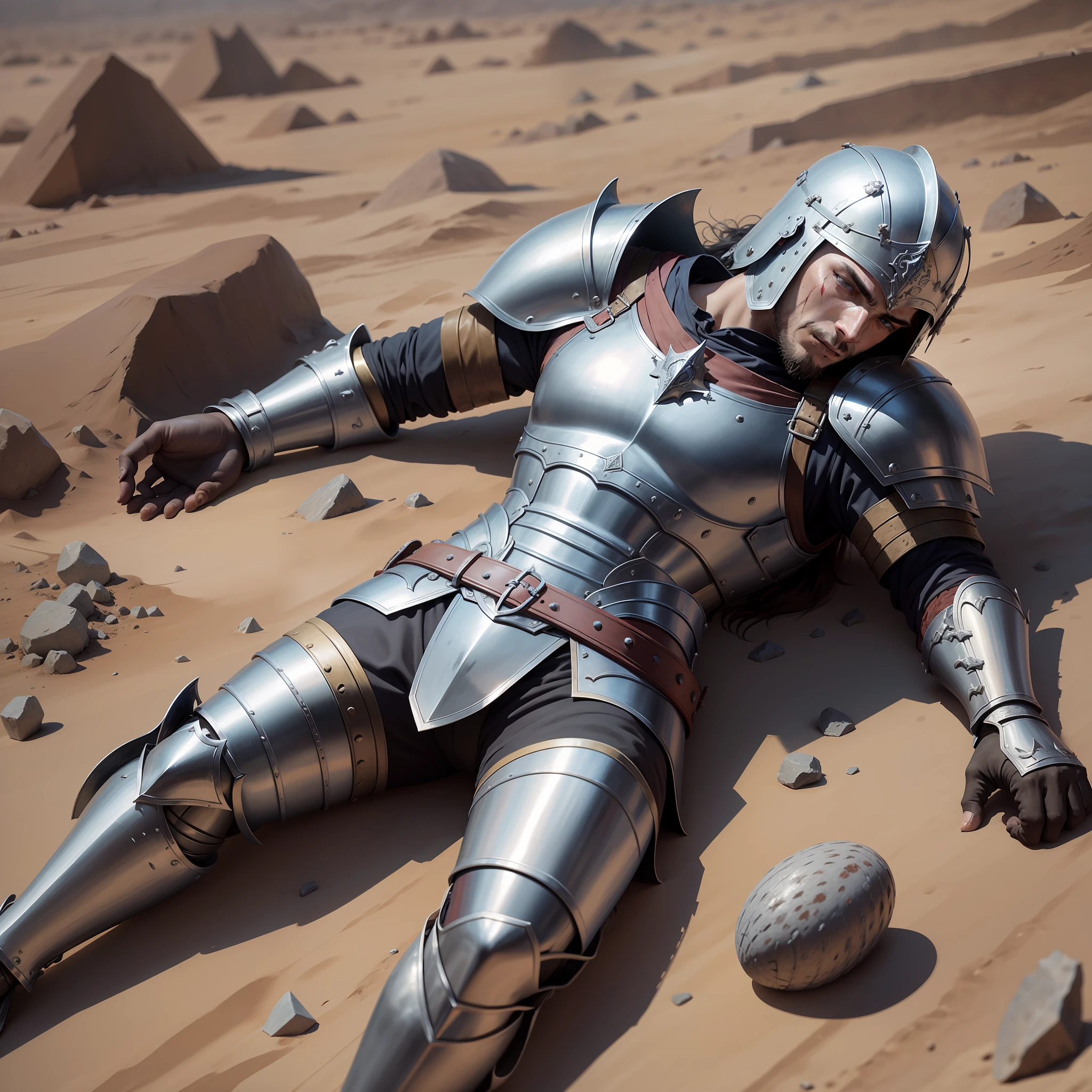 Medieval warrior without a weapon lying on the ground with injuries to his body, damaged armor, blood, pieces of armor on the ground, dirt floor, blue sky with few clouds, dust particles in the air, from above