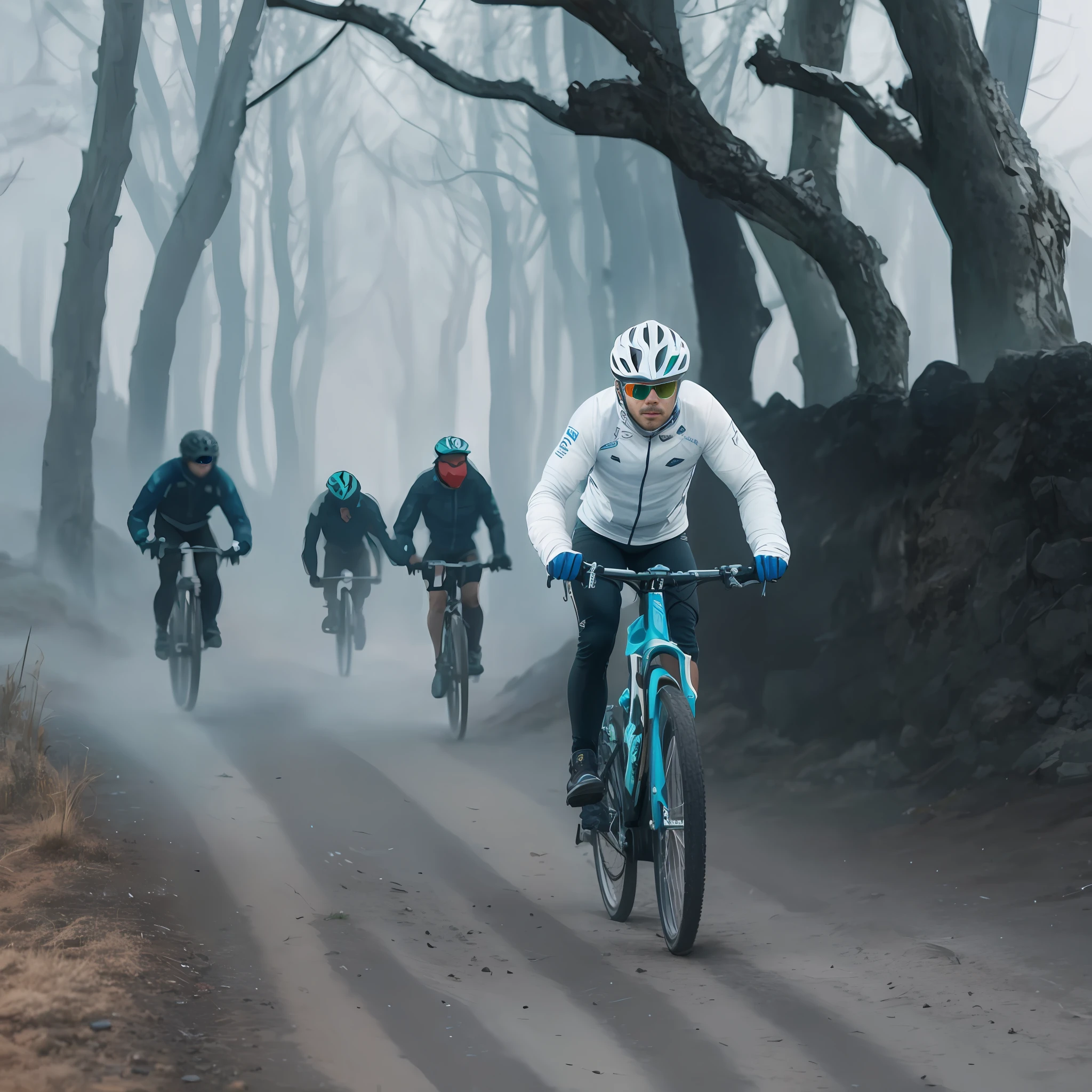 several people riding their bikes on a dirt road in the fog, Game of Thrones setting, motivational, cold as ice! 🧊 , bikes, cycling!, cycling in the city of Westeros, Beyond the Wall, cycling, alexguerra3, bram sels, by Adam Marczyński, sascha schneider, fog mads berg, badass, photo still, on glory ride, edited