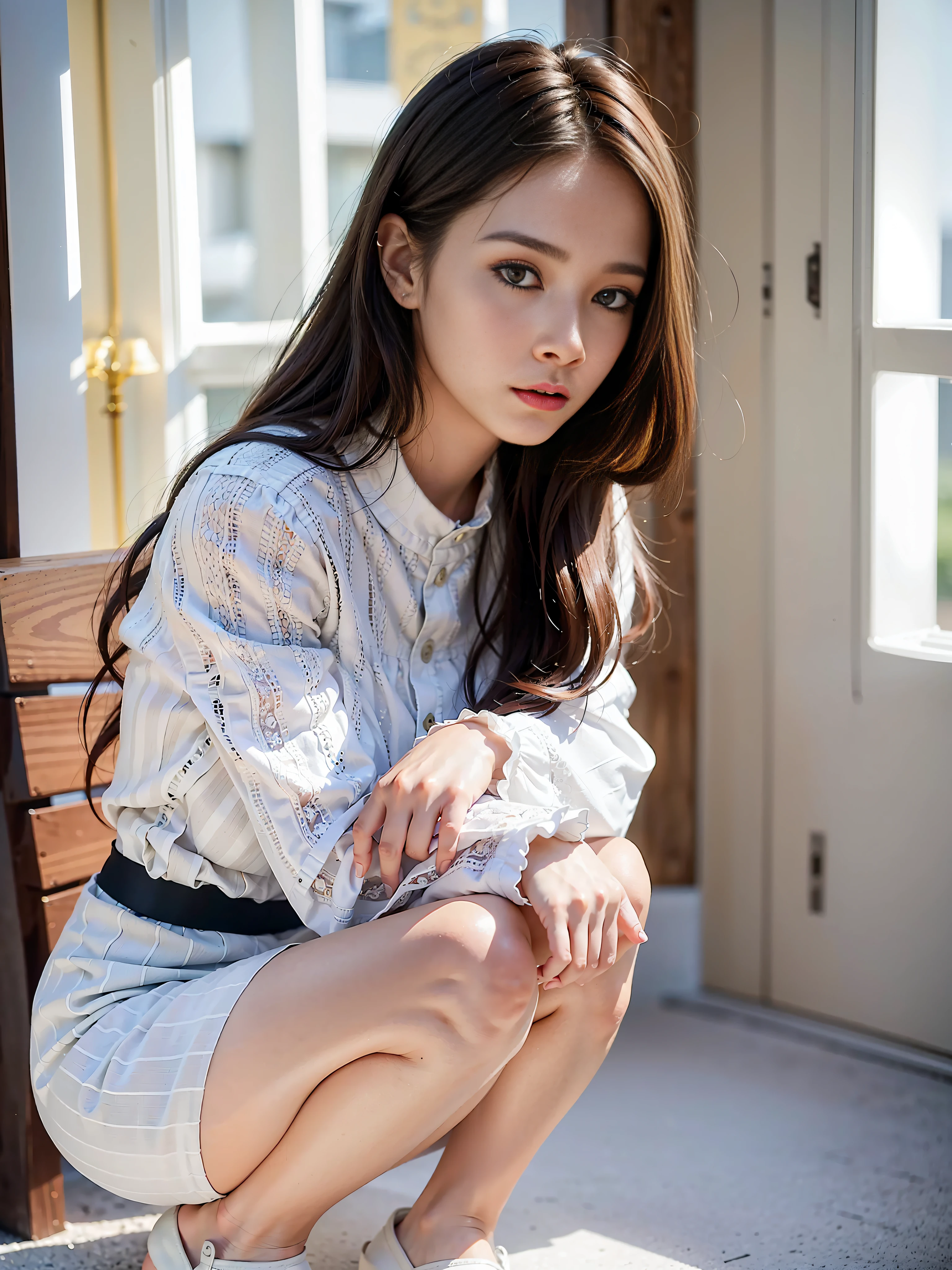 (Photorealistic: 1.4), (Hyperrealistic: 1.4), (Realistic: 1.3), (Smooth Lighting: 1.05), (Improved Cinematic Lighting Quality: 0.9), 32K, 1 female, 24 years old business woman, Realistic Lighting, Backlight, Face Lights, Ray Tracking, (Bright Light: 1.2), (Quality Improvement: 1.4), ( Top quality realistic textured skin: 1.4), fine detailed eyes, detailed face, fine quality eyes, dark brown eyes, (tired, sleepy and satisfied: 0.0), pale lighting, white background, white blouse, dark blue tight skirt, dark brown hair, squatting holding knees, pumps