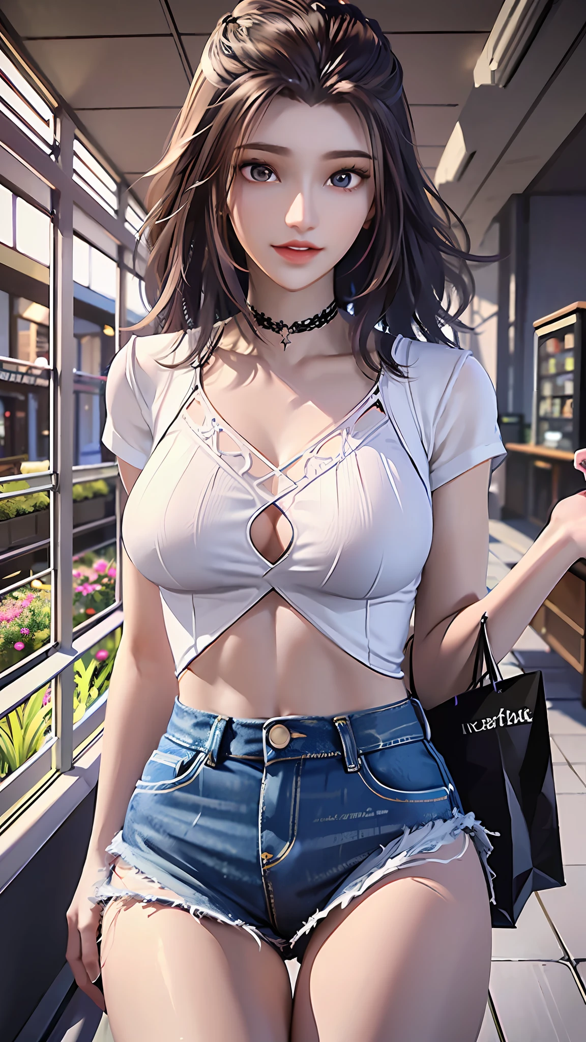 ((dark light, Top Quality, 8k, Masterpiece:1.3)), (Focus:1.2), (in a shopping mall, in China, casual theme, indoor:1.5), (Beauty with slender abs:1.4), ((Layered Haircut, small breast:1.2)), (look through white open shirt:1.6), {no bra:1.5}, (soft clothes, short denim skirt:1.3), Highly detailed face and skin texture, Fine eyes, Double eyelids, whitening skin, (full body:1.4),{holding breast:1.2}