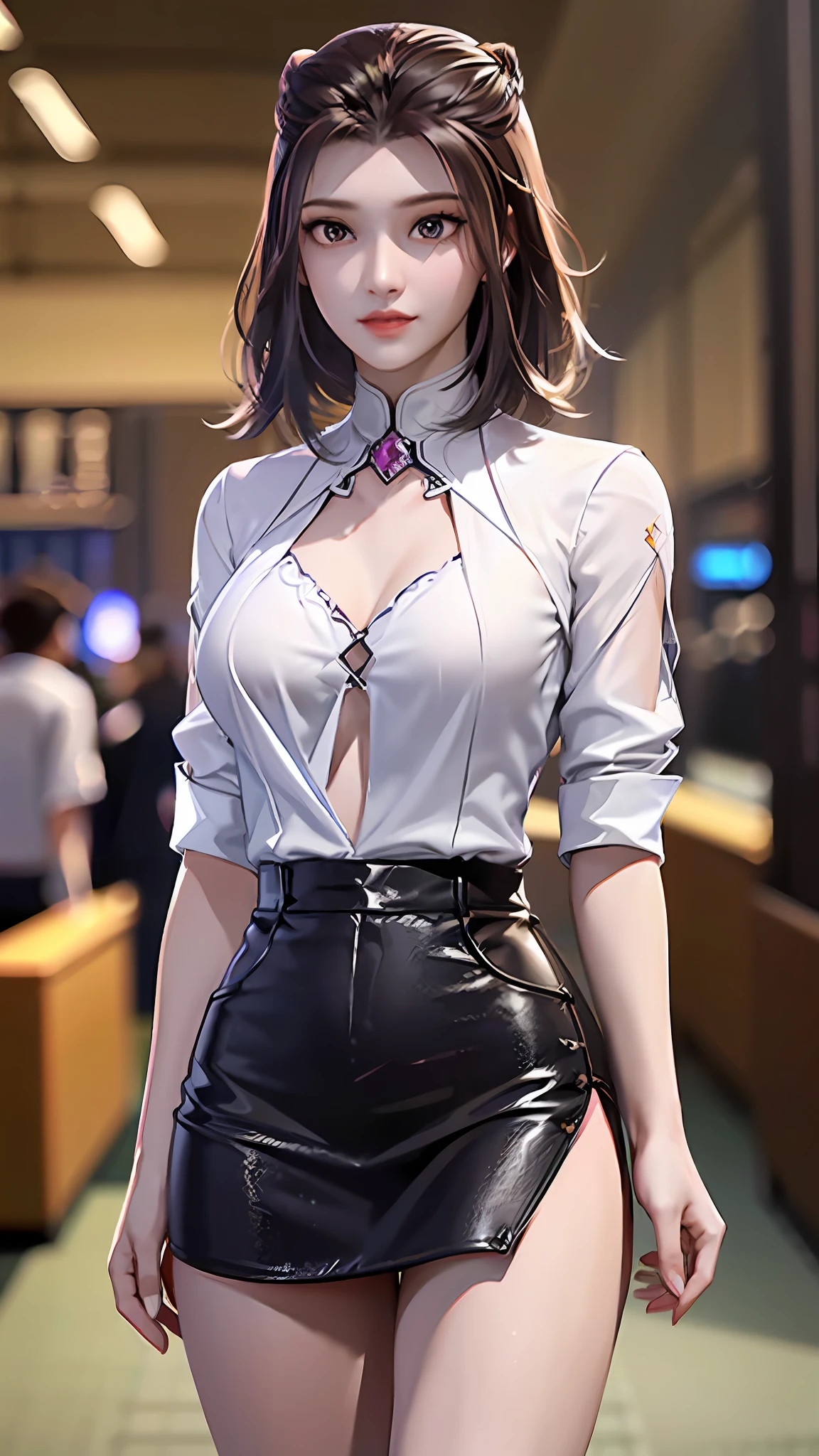 ((dark light, Top Quality, 8k, Masterpiece:1.3)), (Focus:1.2), (in a shopping mall, in China, casual theme, indoor:1.5), (Beauty with slender abs:1.4), ((Layered Haircut, small breast:1.2)), (look through white open shirt:1.6), {no bra:1.5}, (soft clothes, short denim skirt:1.3), Highly detailed face and skin texture, Fine eyes, Double eyelids, whitening skin, (full body:1.4),{holding breast:1.2}