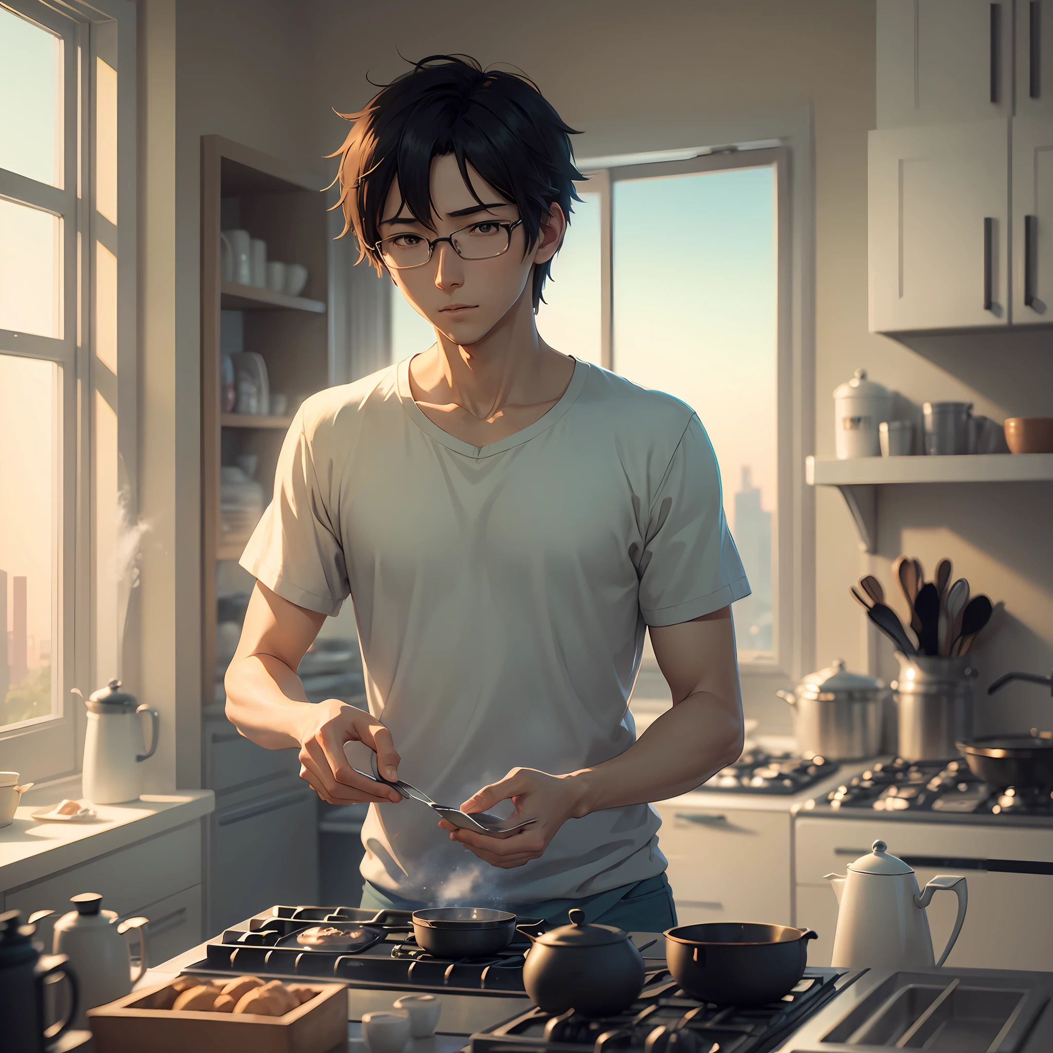 (Pictures we prompt) :(Beautiful and magnificent skyline, magnificent sky), (very tense and dramatic picture, moving visual effects), (Hanging North Star, colorful natural light), (close-up, long shot mashup) [::0.9] An Asian young man, happy eyes, preparing breakfast in the kitchen for his girlfriend.

(5 descriptive keywords): , morning mist, cooking, morning routine, rejuvenation.

(Illustration style): Makoto Shinkai.

(Camera lens type): Soft focus lens.

(Time of day): Morning.

(illustration style): Subtle surrealism. --auto --s2