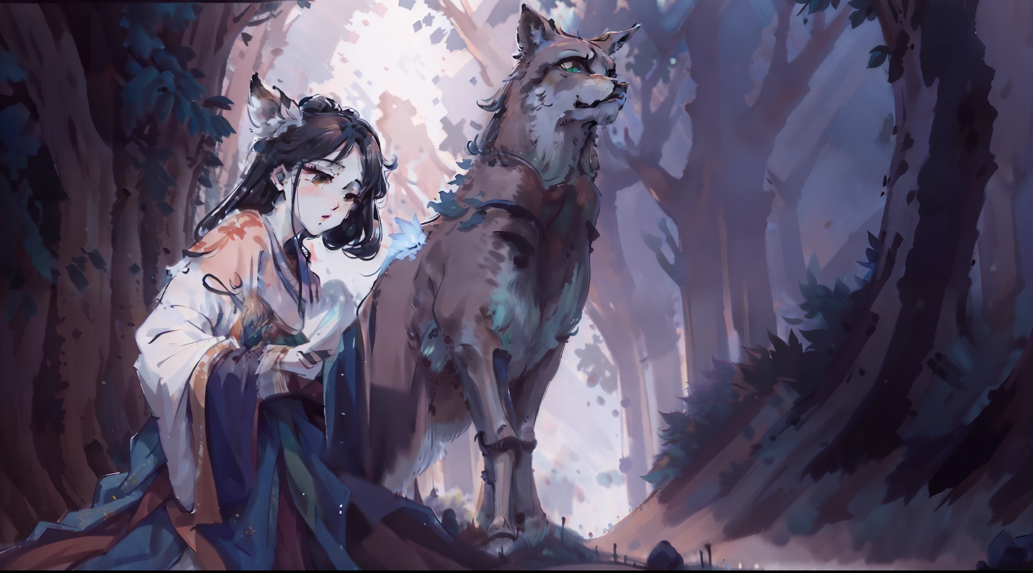 (the best details, masterpiece quality), a charming setting with eye-catching lighting and impressive shadows, women in rite of celebration and several wild wolves depicted in a vibrant forest. 8k