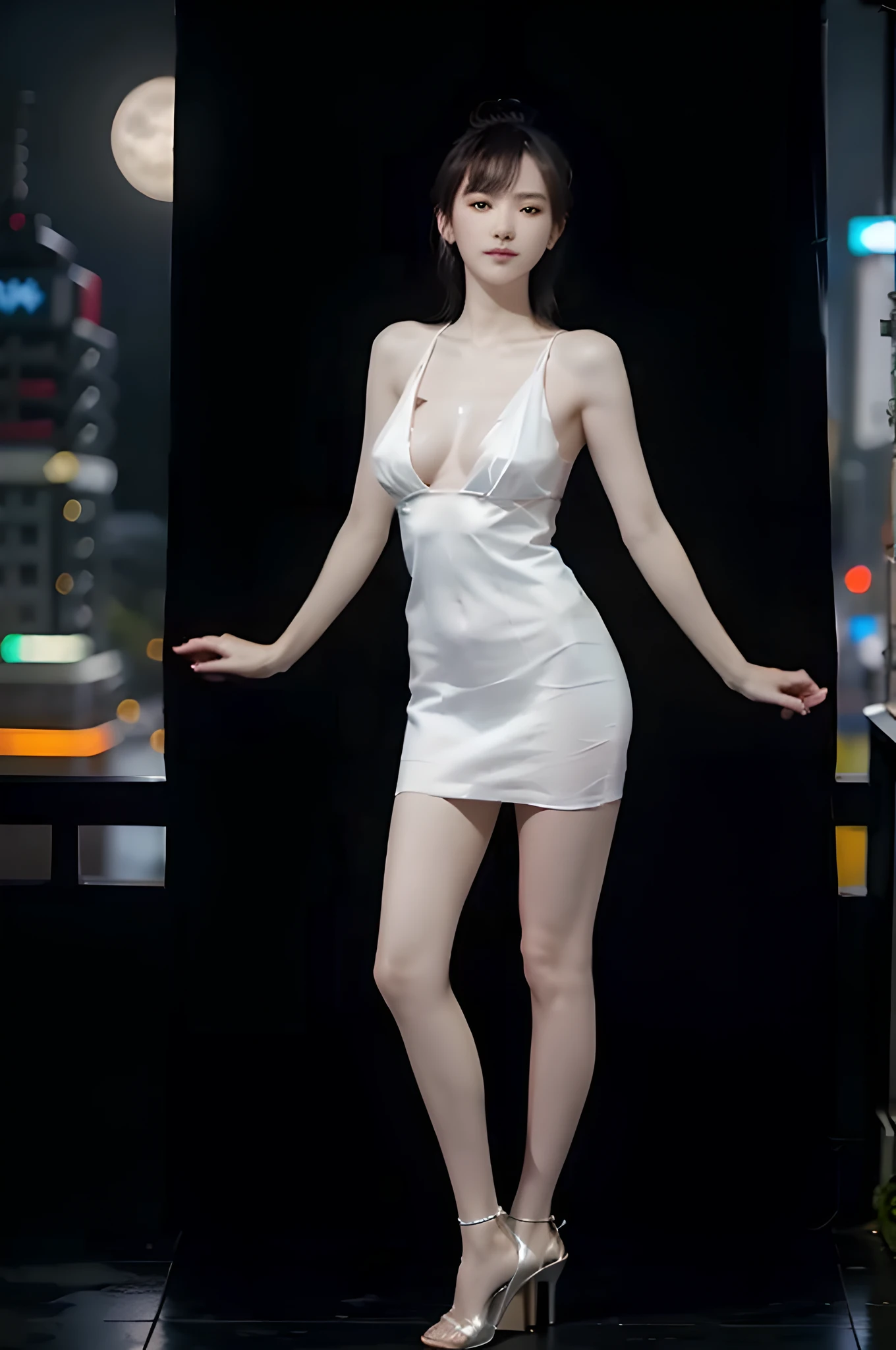 pale skin naked gakki, masterpiece, best quality, ultra detailed RAW, high-resolution, ultra realistic, 16K, intricate details, full body, cinematic lighting, portrait, bokeh, (real skin, high detailed skin texture, abs, saggy boobs, slim body, skinny body), (in cyberpunk city, one large moon, roof of building, night view, tokyo tower), wearing sheer white mini dress, open toe high heels, beautiful legs