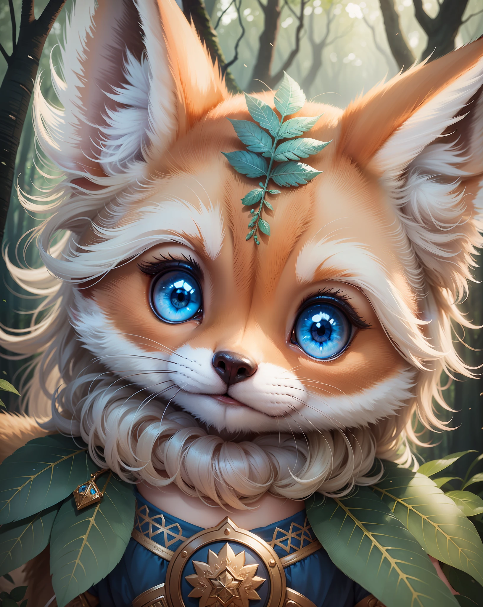 Portrait of an adorable cute baby fox Disney style, with blue eyes, intricate details, in a forest