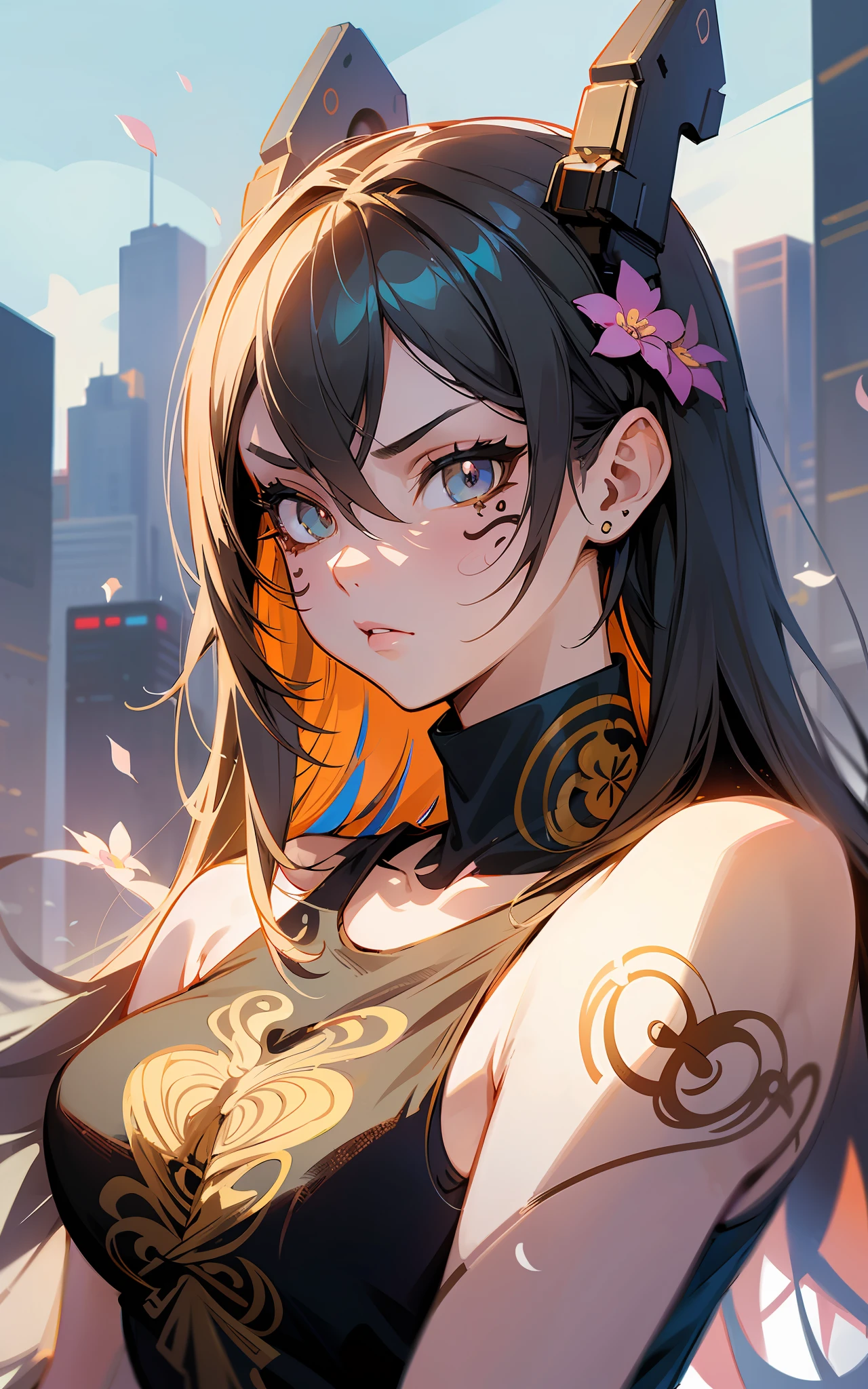 style ::2.0 comix illustration style ,digital illustration of beautiful female character in toh-yasu drawing style illustrator, anime style, body with futuristic tribal tattoo style designs in dragon shape, serious face and ultra detailed artwork, graffiti style destroyed city scenery with camera focus, (beautiful and clear background:1.2),,((sofía vergara beautiful woman )), ( detailed eyes and detailed face:1.3), (t-shirt or dress:1.3), (beautiful and clear background:1.2), (extremely detailed, ultra-detailed, best shadow:1.1),bare shoulders, flowers and petals, , (white background:0.5), (illustration :1.1), (extremely fine and beautiful girl:1.1), (perfect details:1.1)