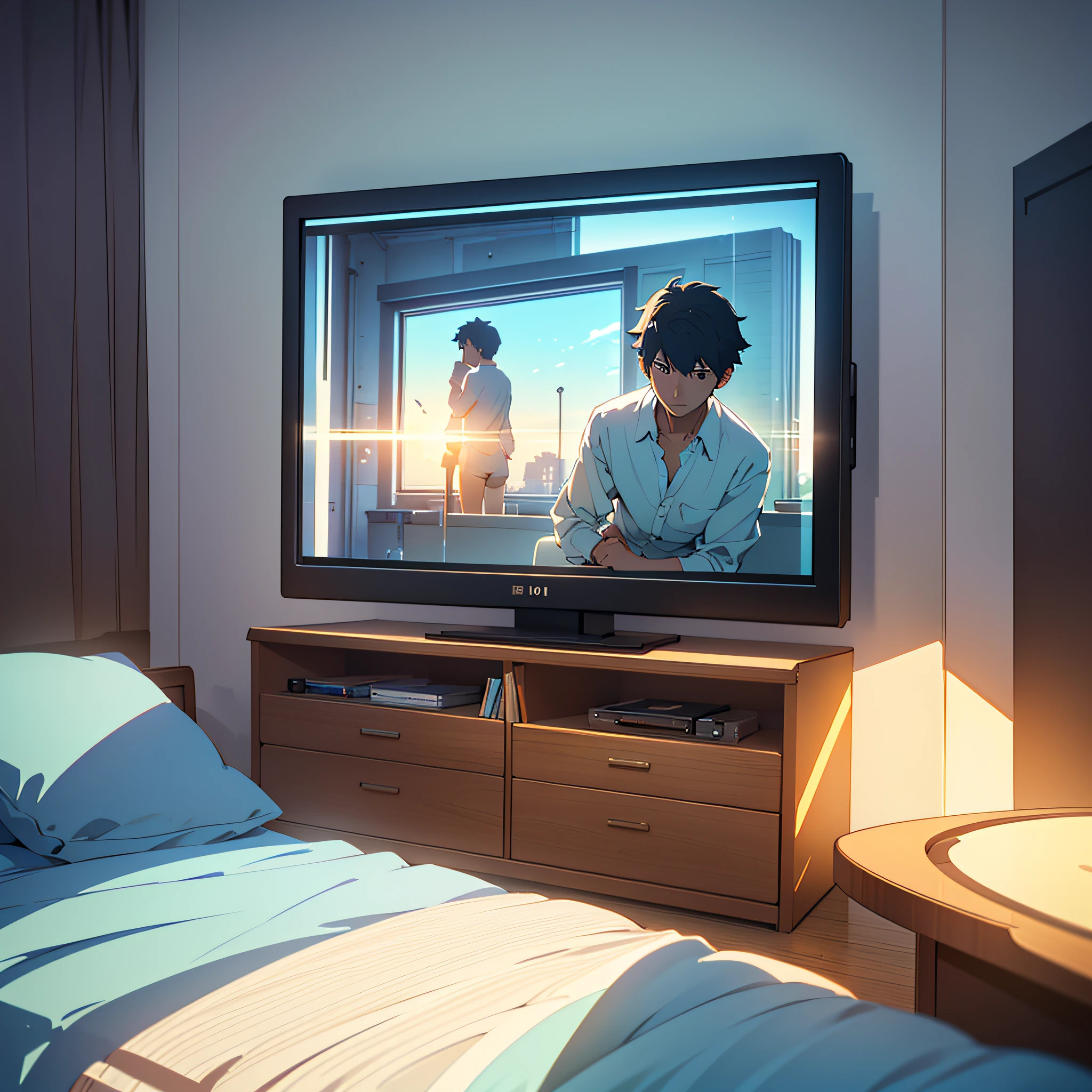 (image we're prompting): A bedroom with a television playing news.
(5 descriptive keywords): Serene, informative, engaging, captivating, personal space.
(Illustration style): Makoto Shinkai.
(camera lens type): Close-up lens.
(time of day): Evening.
(style of Illustration): Delicate realism. --auto --s2