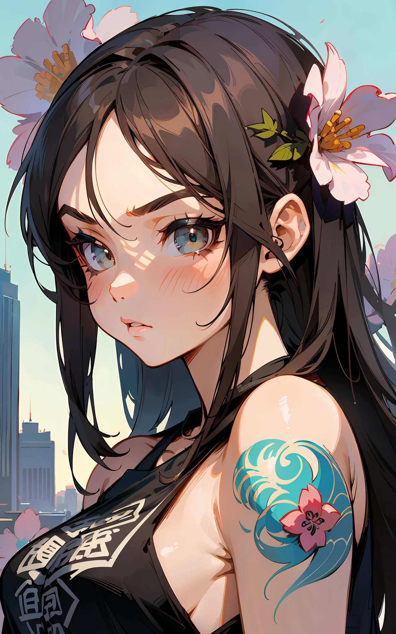 style ::2.0 comix illustration style ,digital illustration of beautiful female character in toh-yasu drawing style illustrator, anime style, body with futuristic tribal tattoo style designs in dragon shape, serious face and ultra detailed artwork, graffiti style destroyed city scenery with camera focus, (beautiful and clear background:1.2),,((sofía vergara beautiful woman )), ( detailed eyes and detailed face:1.3), (t-shirt or dress:1.3), (beautiful and clear background:1.2), (extremely detailed, ultra-detailed, best shadow:1.1),bare shoulders, flowers and petals, , (white background:0.5), (illustration :1.1), (extremely fine and beautiful girl:1.1), (perfect details:1.1)