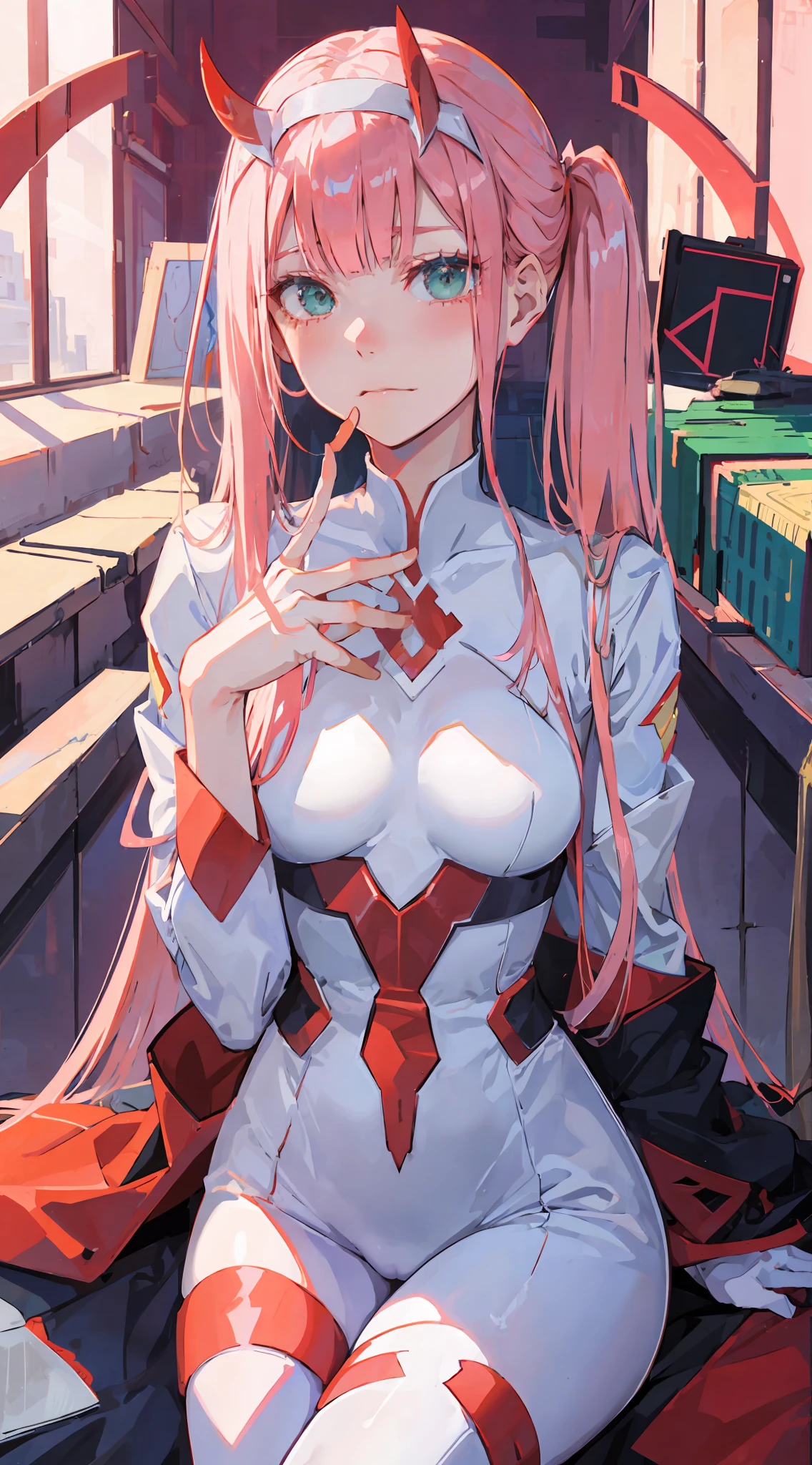 zero two \(darling in franxx\), darling in franxx, 1woman, closed mouth, blushing, sitting, bangs, biting, shadow, green eyes, hair behind head, horns, long hair, makeup, small breasts, white bodysuit, big thighs, pink hair, red eyeshadow, detailed background, bed, bedroom