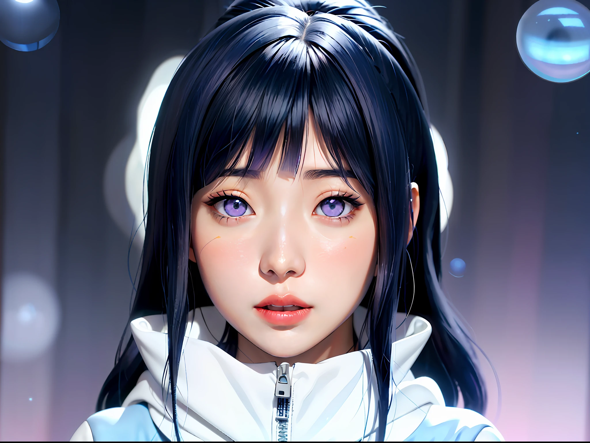 a close up of a person with long hair and a hoodie, hinata hyuga, hinata hyuga from naruto, from naruto, as an anime character, perfect anime face, she has dark blue hair with bangs, female anime character, anime character, anime best girl, hime cut hairstyle, dark blue hair, (red glossy lips:1.3), light purple eyes