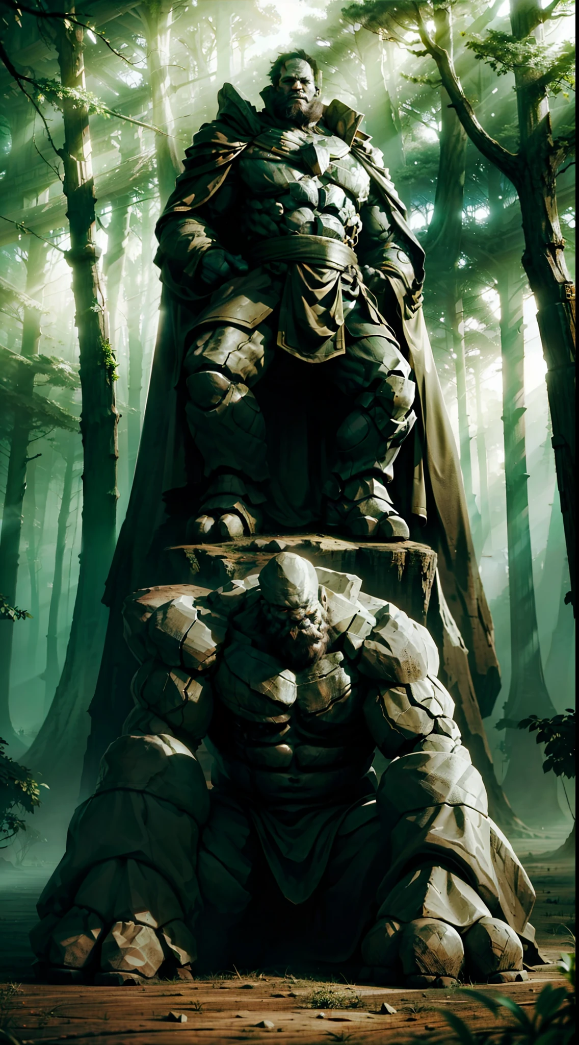 Scenery of a large and dense forest with in the distance the silhouette of a giant elemental golem of robust stone in seated pose, giant seen from afar, giant with non-human appearance, giant with more robotic appearance, giant with titan appearance, pose sitting on the ground, sitting, only silhouette, giant seen from far away from the camera,  Only the silhouette of the giant and the forest, seated pose, no addition of characters, no extra characters, only landscape, forest occupies much of the art, giant almost hidden by shadows