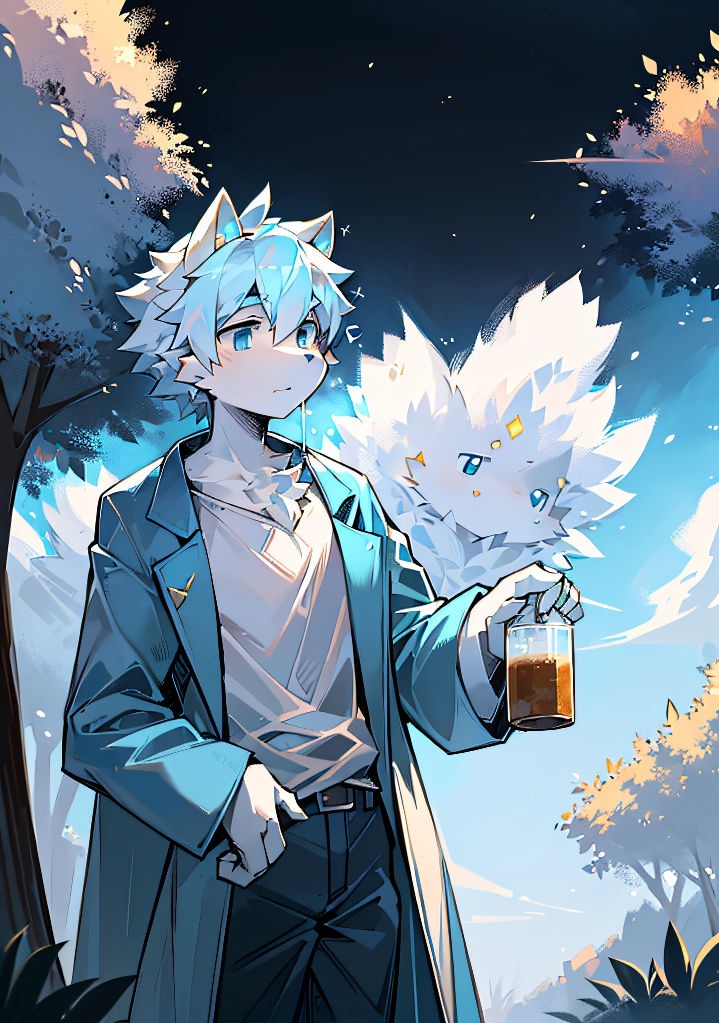 Male, fluffy, long ears but shoulders, white body skin, small horns, under the tree, sunset, light blue trench coat, pure white inch shirt, white dust floating around, yellow grass, black light blue trousers, no mouth, blue eyes, indifferent expression, cold, drinking tea, happy