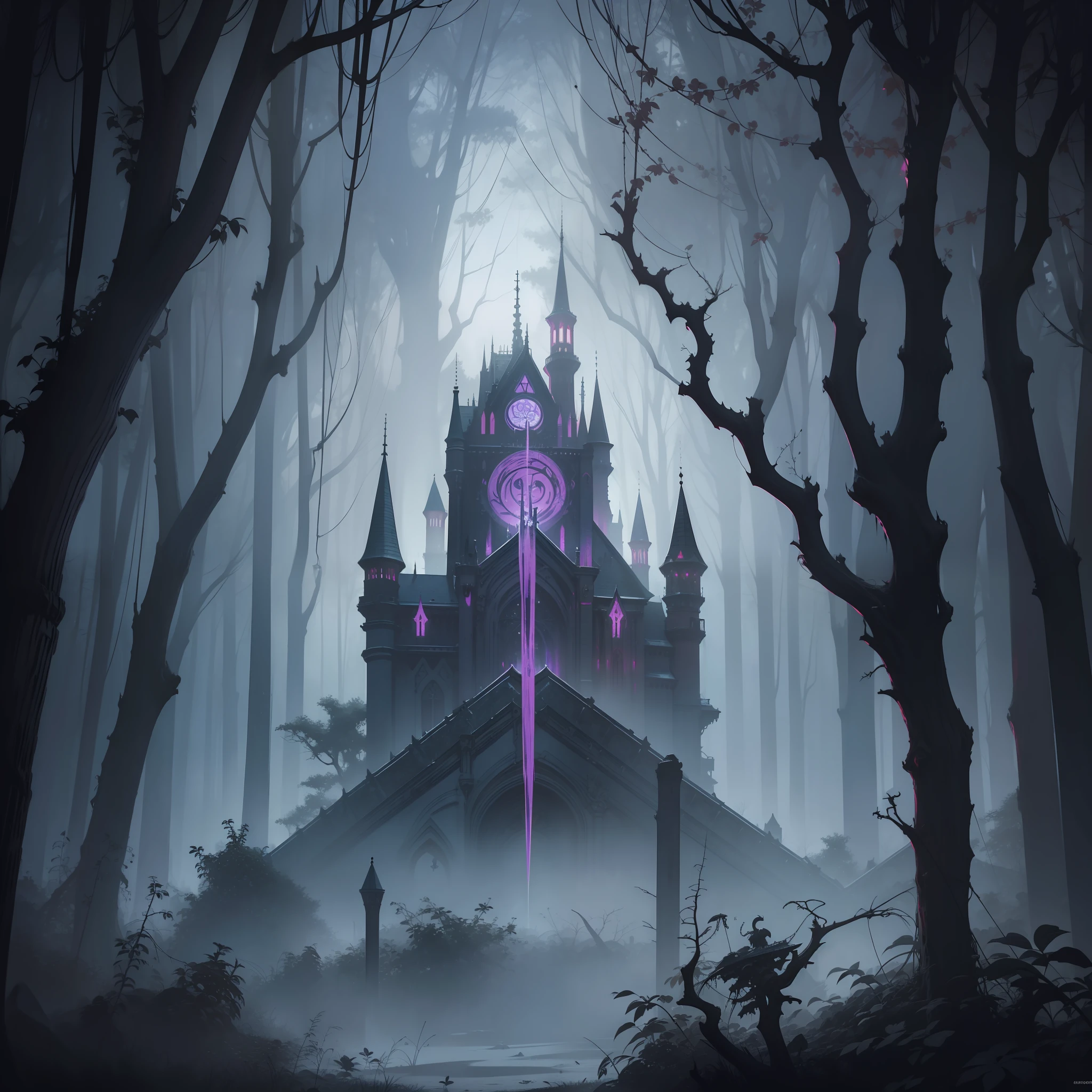 Setting, non-human, castle, dark forest, nightmare, medieval, umbrella, demonic, madness, madness, lovecraft, very dark and scary. hyper intricate details. volumetric lighting. streetwear style art. grunge. award-winning impressive masterpiece. 8k. gorgeous. wonderful. using only the colors purple, red, white. narrow depth of field. hyper-realistic art style. Spooky horror metal music vibe. Godrays, beautiful, amazing, intricate, highly detailed, digital painting, art station, concept art, sharp focus, illustration, art by Greg Rutkowski and Alphonse Mucha, Spirits, Ghost