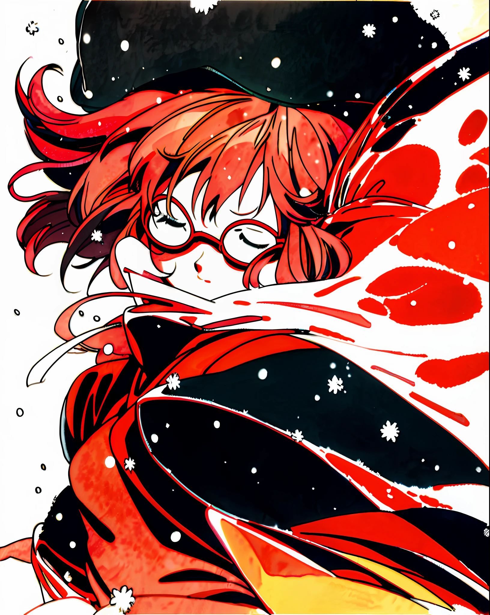 Mirai Kuriyama wearing casual winter clothes, snowing, VHS, vintage, cap, red glasses, (hair covering eyes), black coat, manga style, white background