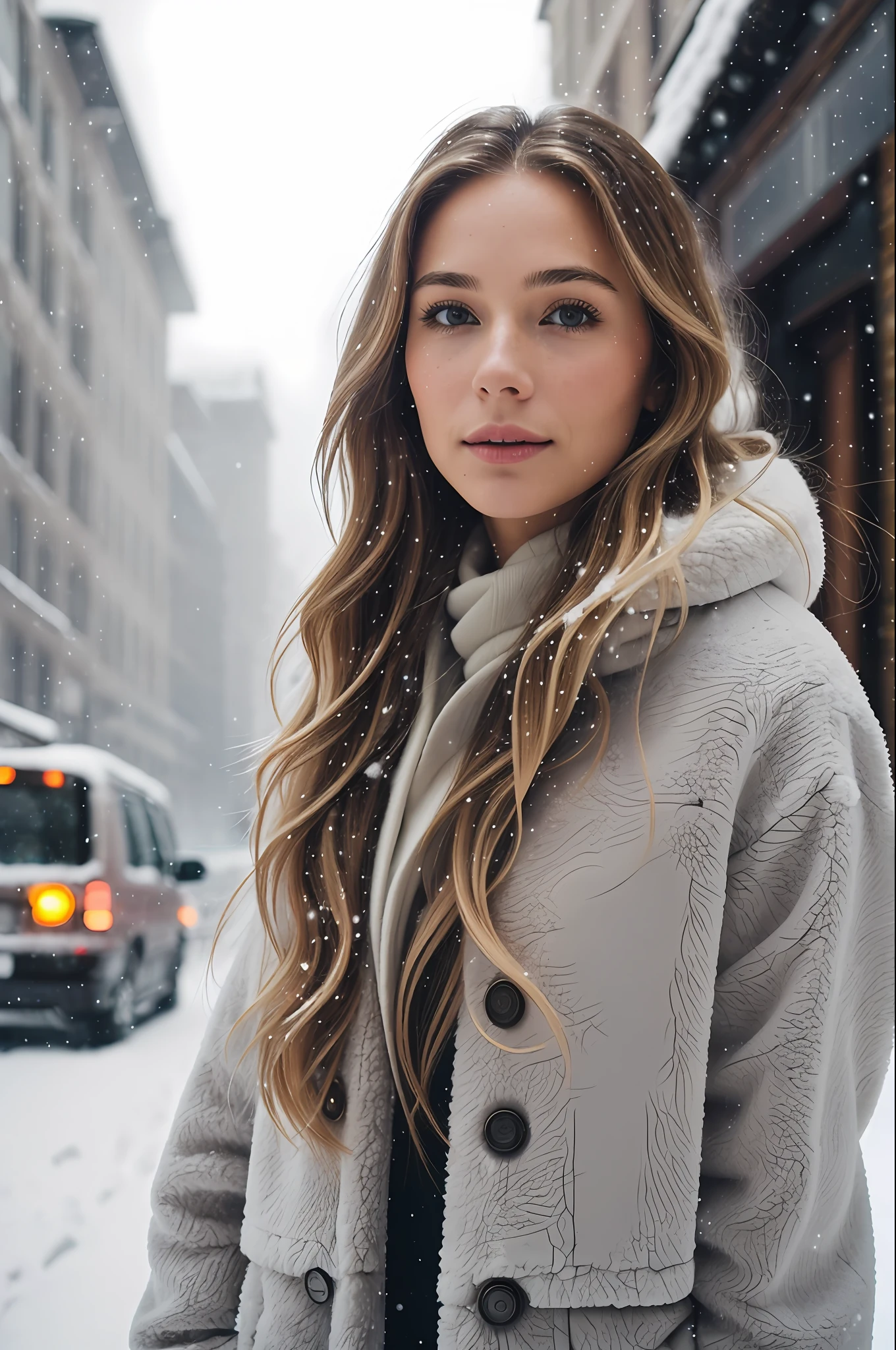 Professional selfie of a beautiful 33-year-old woman in winter clothes with long light brown hair with wavy blonde tips, (( flirty look)), freckles, beautiful symmetrical face, beautiful natural makeup, ((standing outside on the snowy city street)), stunning modern urban environment of luxury, ultra realistic, conceptual art, elegant, highly detailed, Intricate, sharp focus, depth of field, f/1. 8, 85mm, medium shot, medium shot, (centered image composition), (professionally sorted by color), (((bright soft diffused light)), volumetric fog, instagram trend, tumblr trend, hdr 4k, 8k