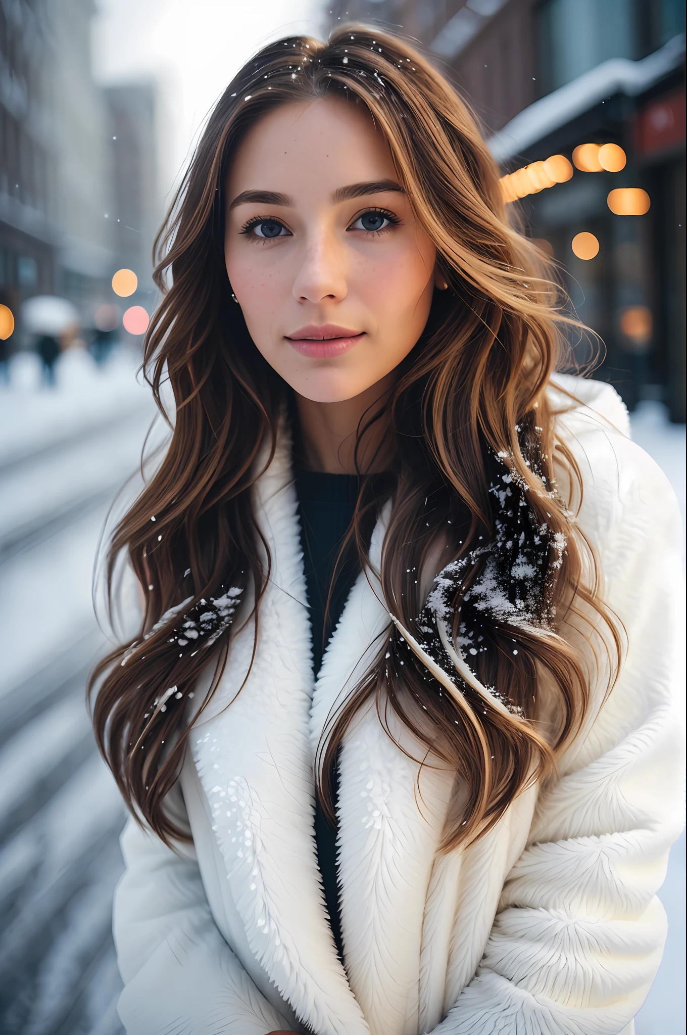 Professional selfie of a beautiful 33-year-old woman in winter clothes with long light brown hair with wavy blonde tips, (( flirty look)), freckles, beautiful symmetrical face, beautiful natural makeup, ((standing outside on the snowy city street)), stunning modern urban environment of luxury, ultra realistic, conceptual art, elegant, highly detailed, Intricate, sharp focus, depth of field, f/1. 8, 85mm, medium shot, medium shot, (centered image composition), (professionally sorted by color), (((bright soft diffused light)), volumetric fog, instagram trend, tumblr trend, hdr 4k, 8k