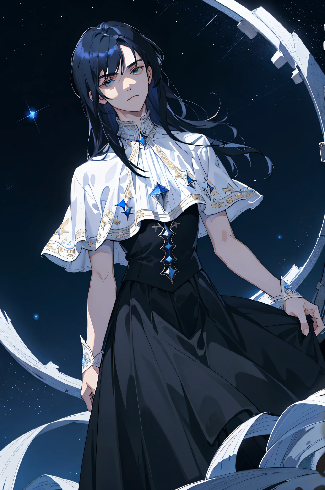 Masterpiece, best quality, ager, male, long dark blue hair, straight hair, flush bangs, white skin, indifferent expression, intricate details, black skirt, delicate princess dress, dark night, starry sky, stars, black, blue, black background