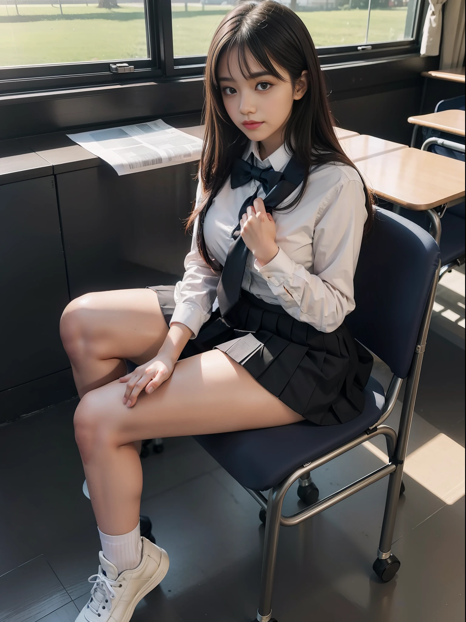 school uniform, skirt, (high thighs), (sitting in chair), ((classroom)), crossed legs, masterpiece, best quality, extremely detailed, scenery