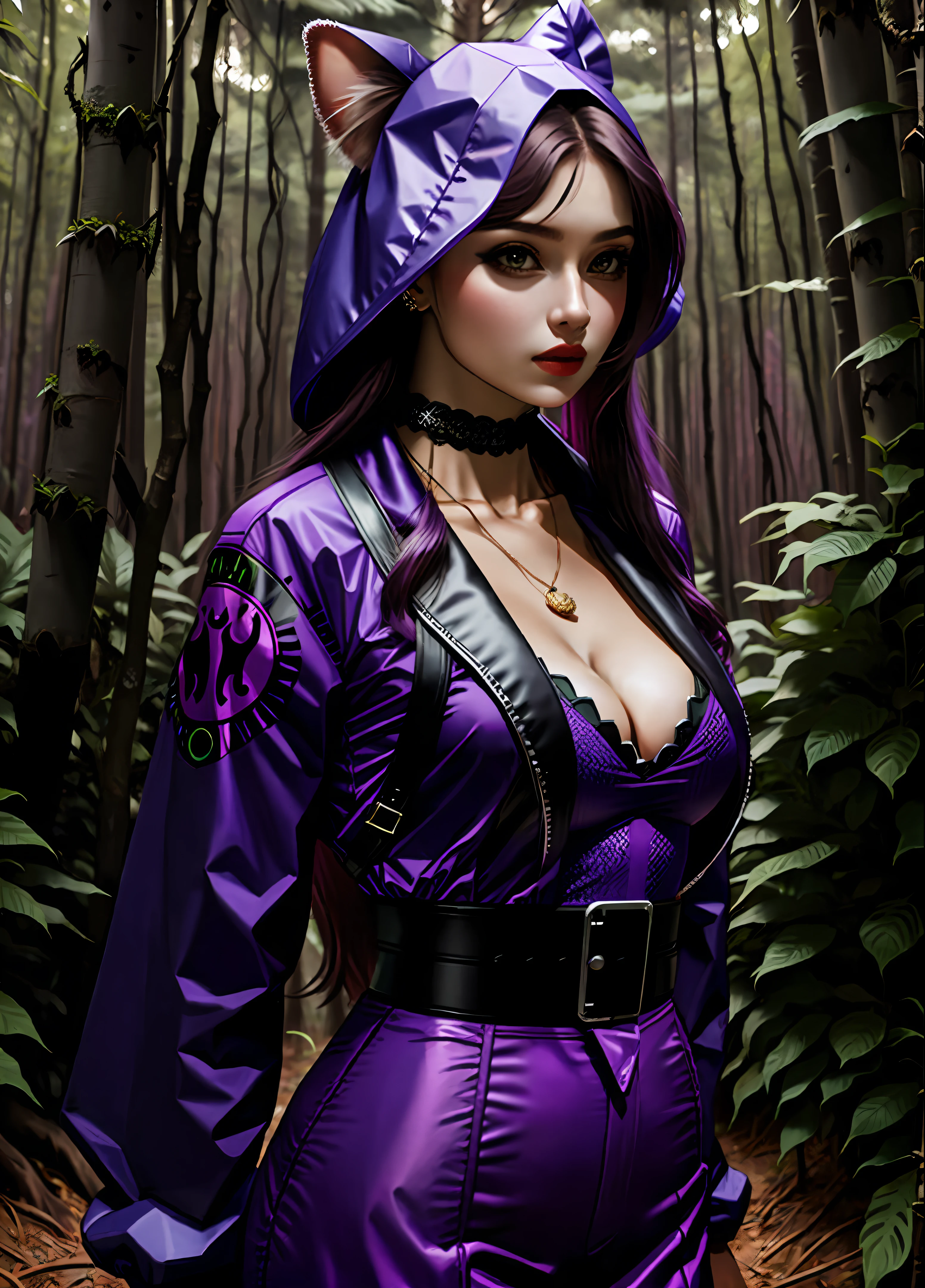 A hot female monster in purple outfit inside a forest wildlife