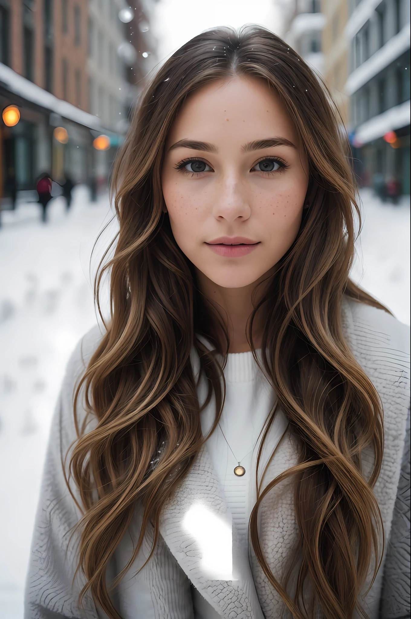 Professional selfie of a beautiful 33-year-old woman in winter clothes with long light brown hair with wavy blonde tips, (( flirty look)), freckles, beautiful symmetrical face, beautiful natural makeup, ((standing outside on the snowy city street)), stunning modern urban environment of luxury, ultra realistic, conceptual art, elegant, highly detailed,  Intricate, sharp focus, depth of field, f/1. 8, 85mm, medium shot, medium shot, (centered image composition), (professionally sorted by color), (((bright soft diffused light)), volumetric fog, instagram trend, tumblr trend, hdr 4k, 8k