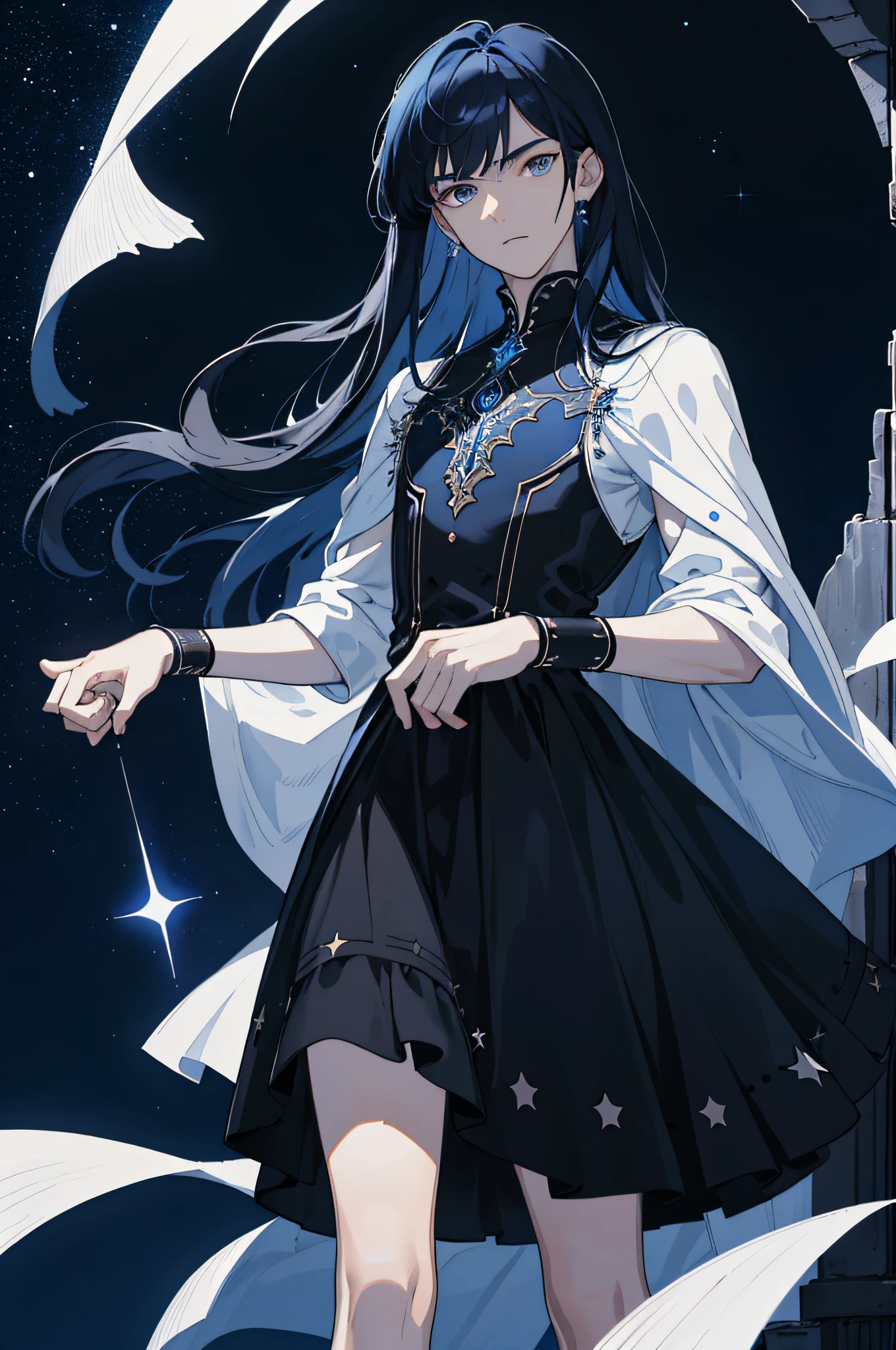 Masterpiece, best quality, teenager, male, long dark blue hair, straight hair, flush bangs, white skin, indifferent expression, intricate details, black skirt, delicate princess dress, dark night, starry sky, stars, black, blue, black background