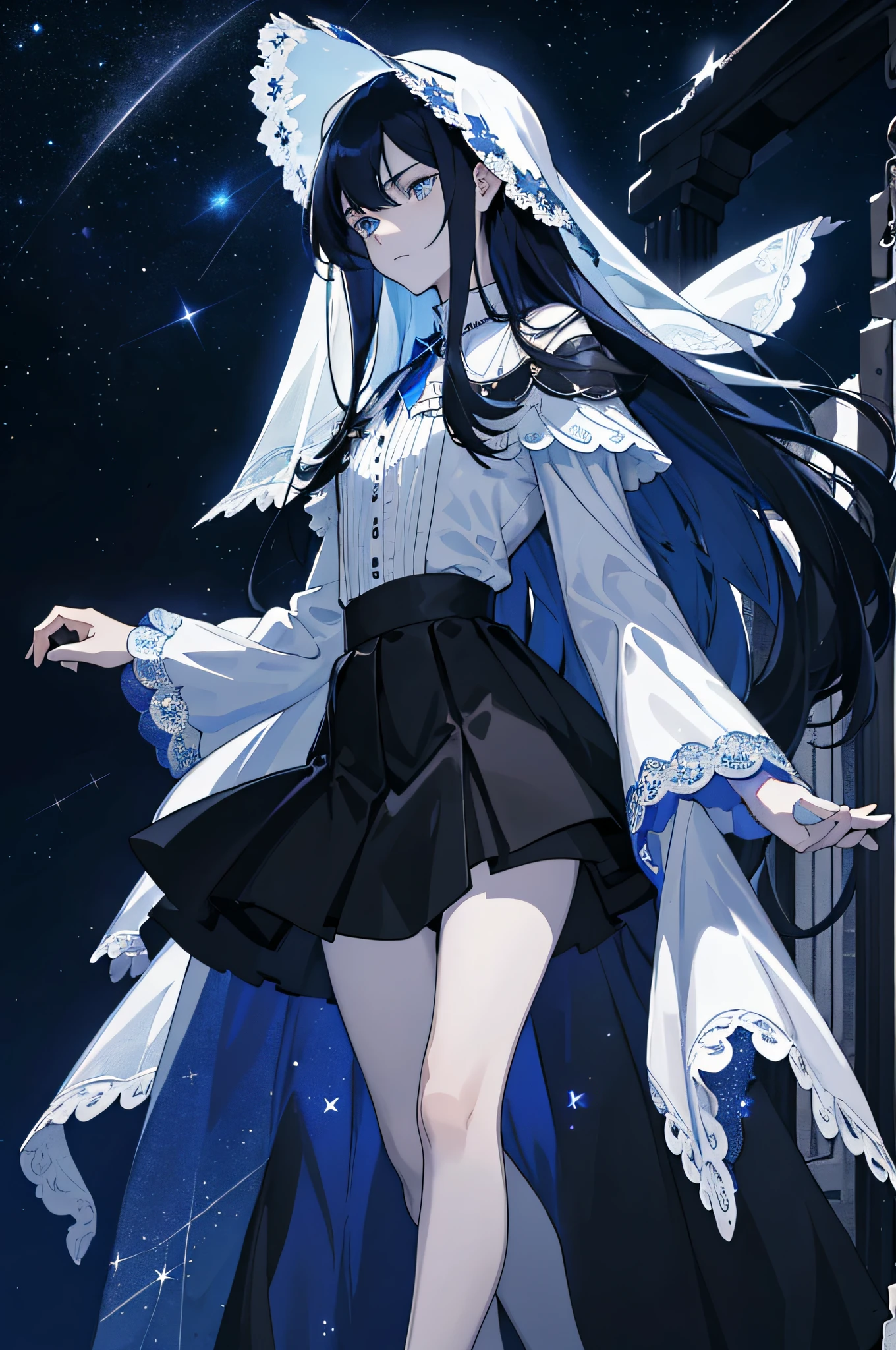 Masterpiece, best quality, ager, male, long dark blue hair, straight hair, flush bangs, white skin, indifferent expression, intricate details, black skirt, delicate princess dress, dark night, starry sky, stars, black, blue, black background