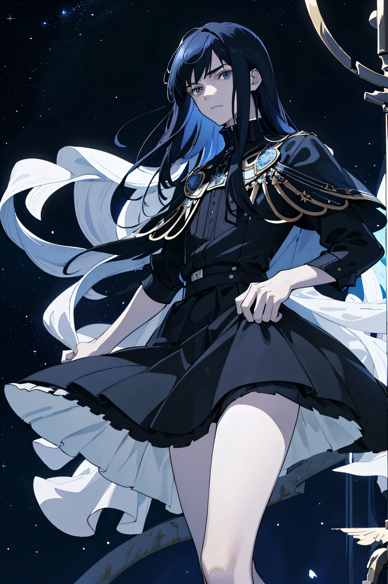 Masterpiece, best quality, teenager, male, long dark blue hair, straight hair, flush bangs, white skin, indifferent expression, intricate details, black skirt, delicate princess dress, dark night, starry sky, stars, black, blue, black background