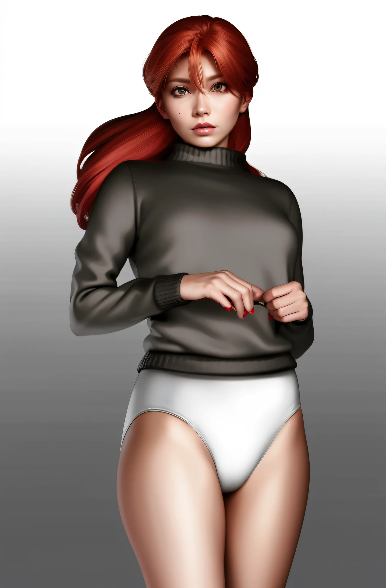 red haired woman in grey sweater and white high cut panties photo realistic