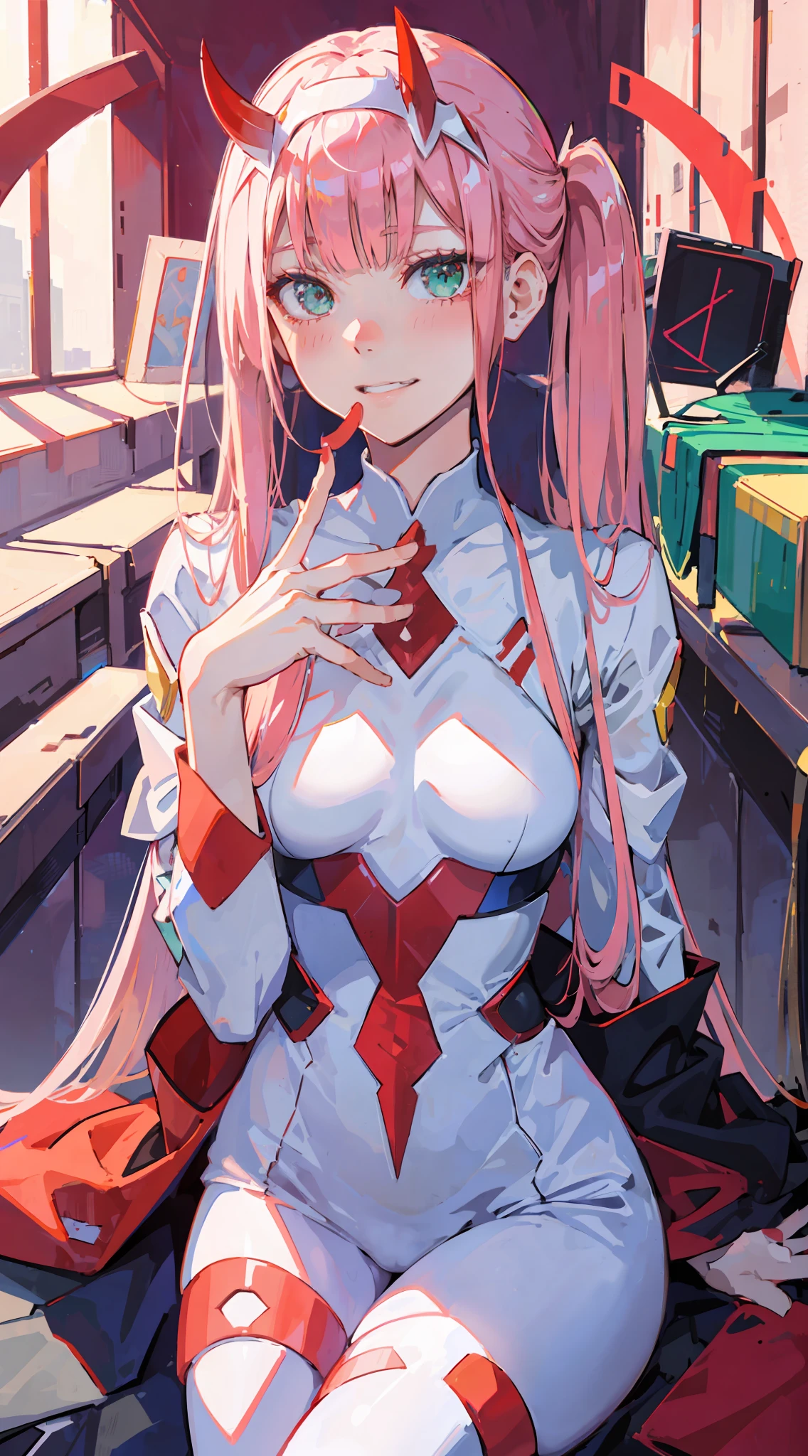 zero two \(darling in franxx\), darling in franxx, 1woman, smiling, blushing, sitting, bangs, biting, shadow, green eyes, hair behind head, horns, long hair, makeup, small breasts, white bodysuit, big thighs, pink hair, red eyeshadow, detailed background, bed, bedroom