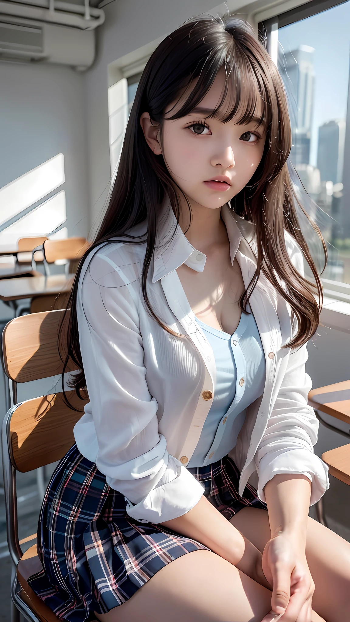 :(Beautiful skyline, magnificent sky), (intense and dramatic graphics, moving visuals), (Hanging North Star, colorful natural light), (close-up, long shot mashup). A girl, , with long black hair and cute bangs and bangs. Front view, cute face, pink lips, lipstick, beautiful eyes. Lori, all over. Classic school uniform. Plaid pleated skirt. Dark blue cardigan. White shirt, (open shirt, open shirt. Clavicle visible). Soft neutral light. School desks, chairs, blackboards and books. Delicate skin, beautiful skin, fair skin, small breasts, slim figure. Transparent face, childish face. Childishness remains. Face the audience. (sitting in a chair, studying),