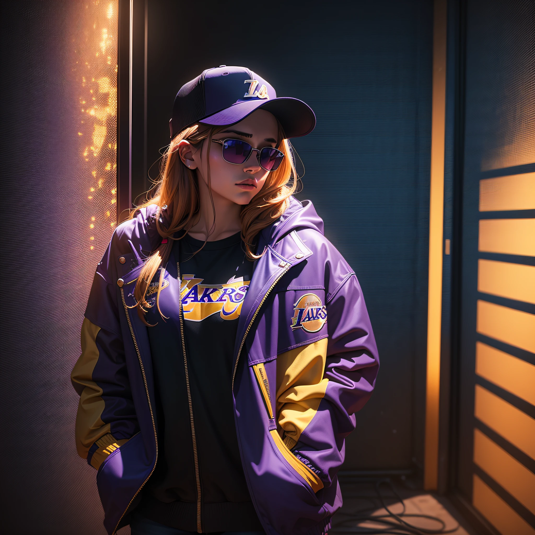 "Young woman, in a Basquet jacket in the colors of the Lakers, cap and sunglasses, standing at a deserted nightclub. The environment is dark, with lighting that highlights the shadows. The scene conveys an intense sense of loneliness and isolation. Music equipment and distant lights are obscured by the night, producing trails of colorful and vibrant lights in the background. The camera is positioned at a dynamic angle, as if it were a film shot, giving a sense of action and suspense."