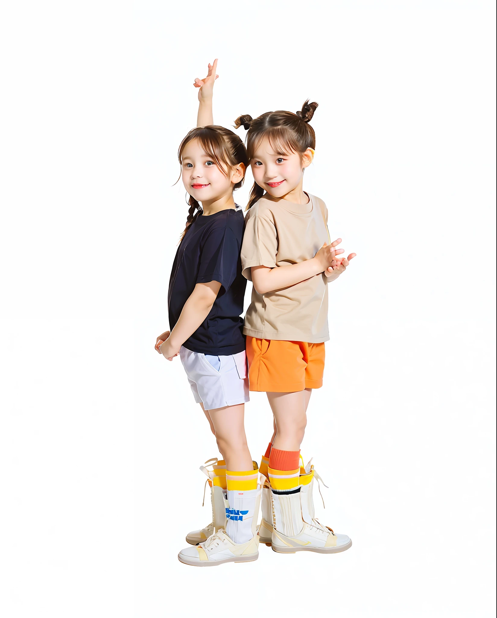there are two young girls standing next to each other, standing on two legs, next gen, unique design, trending ,, two pigtails hairstyle, ad image, promo image, gen z, advertising photo, two girls, wearing skirt and high socks, young girls, children, standing with a black background, cute girls, wearing shorts and t shirt, for kids