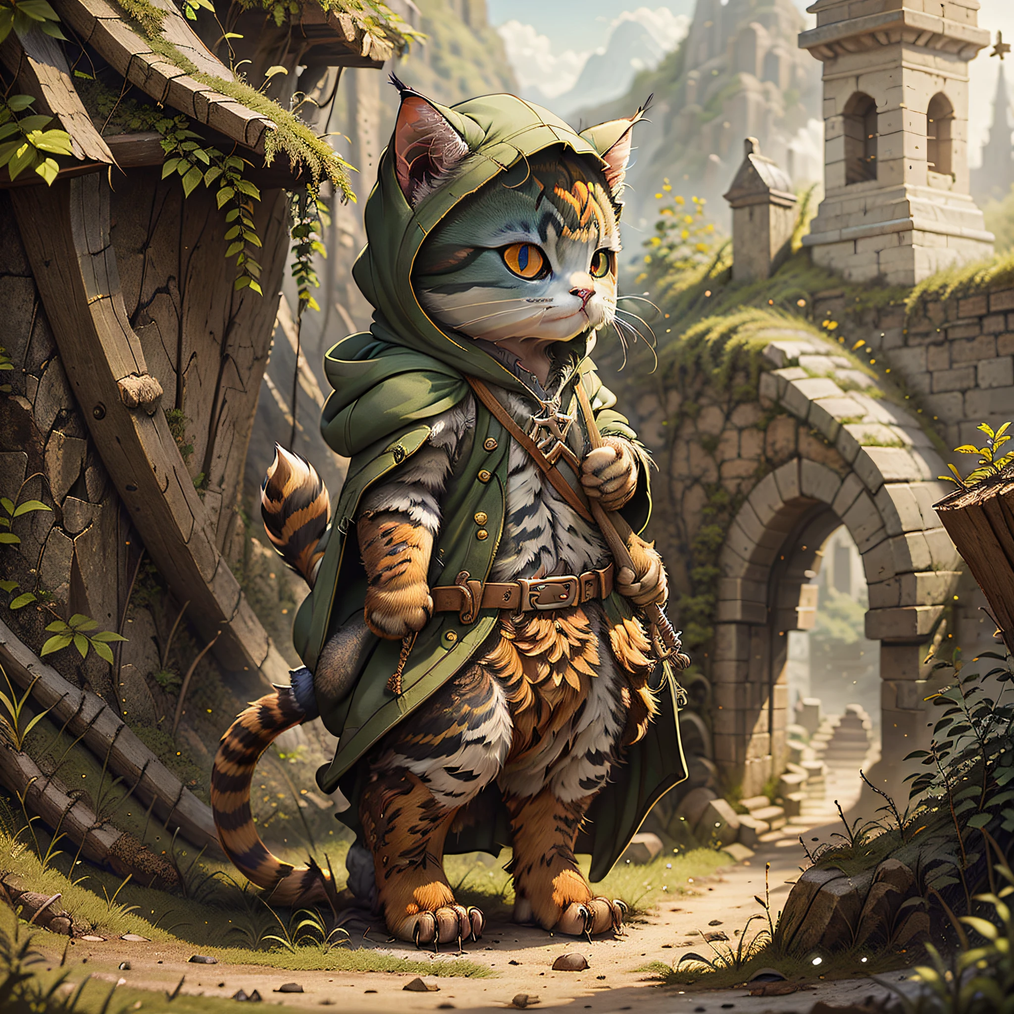 There is an archer cat with green hood, cute detailed digital art, adorable digital painting, costume matte painting, cute, realistic fantasy illustration, hyperrealistic fantasy art, beautiful digital art, beautiful detailed art, Magali Villeneuve graphic artist, realistic fantasy art, highly detailed 4k digital art, 2D detailed digital fantasy art, Behance fantasy art