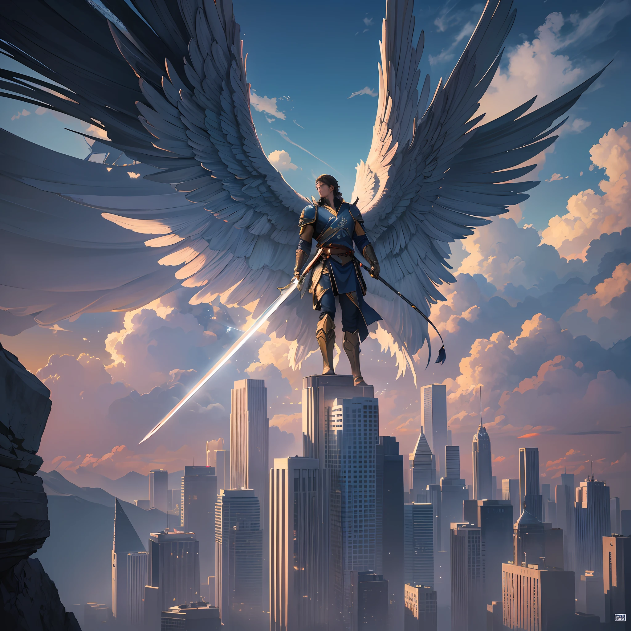 (Beautiful skyline, magnificent sky), (Dramatic and dramatic graphics, moving visuals), (Hanging North Star, colorful natural light), (Close-up, long shot mashup). An epic painting of a man on a mountain watching a powerful giant angel holding a sword about to destroy a city makes this painting very detailed, utilizing volume and cinematic lighting, using super large proportions and super 8k resolution
