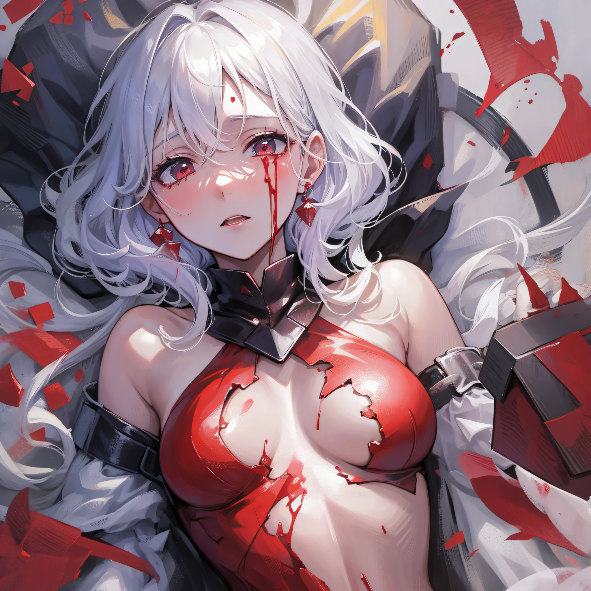 Woman in transparent clothes lying on bed, covered in blood, bleeding in bath, bloody pale woman, bloody + concept art, bloody scene, Guvitz at Pixiv art station, blood on body