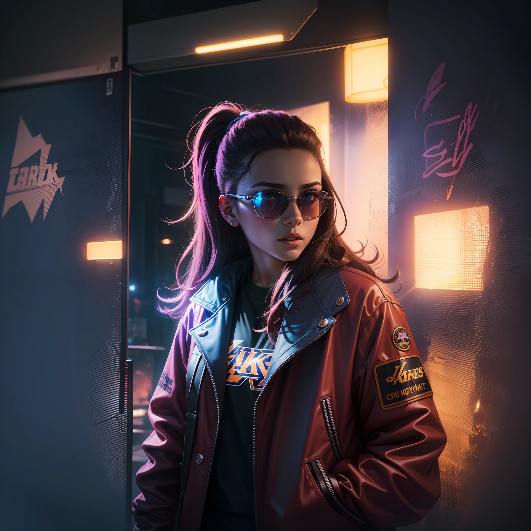 "Young woman, in a Basquet jacket in the colors of the Lakers, cap and sunglasses, standing at a deserted nightclub. The environment is dark, with lighting that highlights the shadows. The scene conveys an intense sense of loneliness and isolation. Music equipment and distant lights are obscured by the night, producing trails of colorful and vibrant lights in the background. The camera is positioned at a dynamic angle, as if it were a film shot, giving a sense of action and suspense."