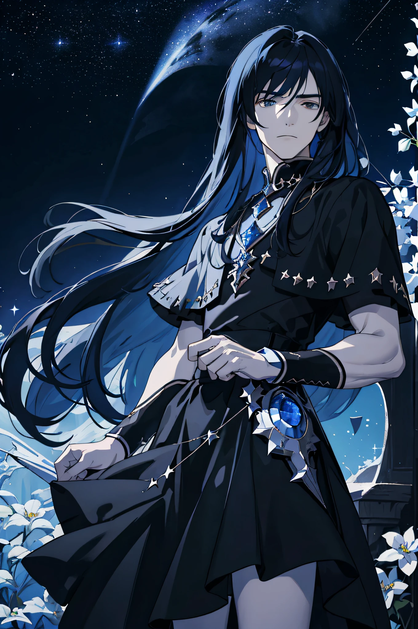 Masterpiece, best quality, ager, male, long dark blue hair, straight hair, flush bangs, white skin, indifferent expression, intricate details, black skirt, delicate princess dress, dark night, starry sky, stars, black, blue, black background