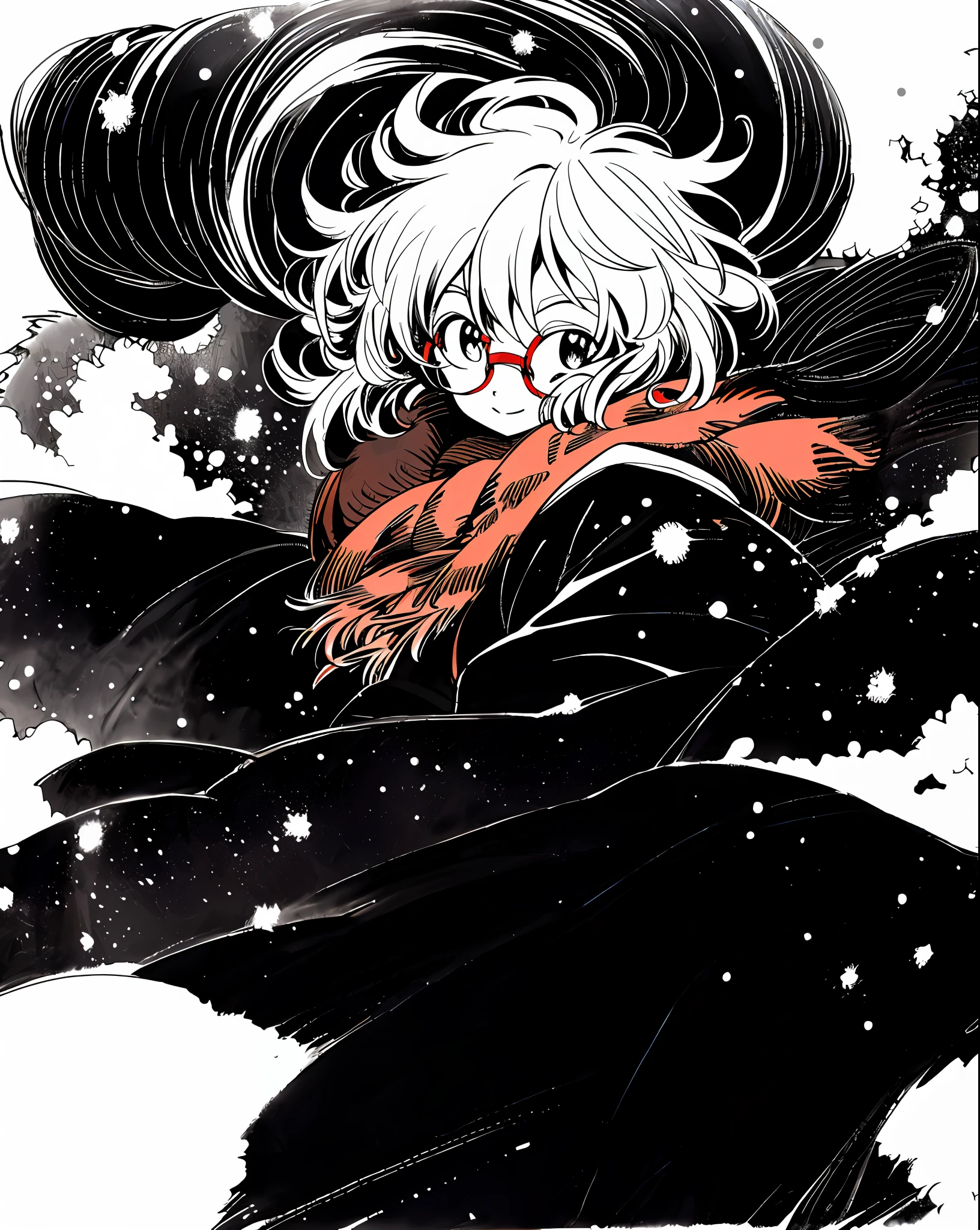 Mirai Kuriyama wearing casual winter clothes, snowing, VHS, vintage, cap, red glasses, (hair covering eyes), black coat, manga style, white background, ((monochrome))