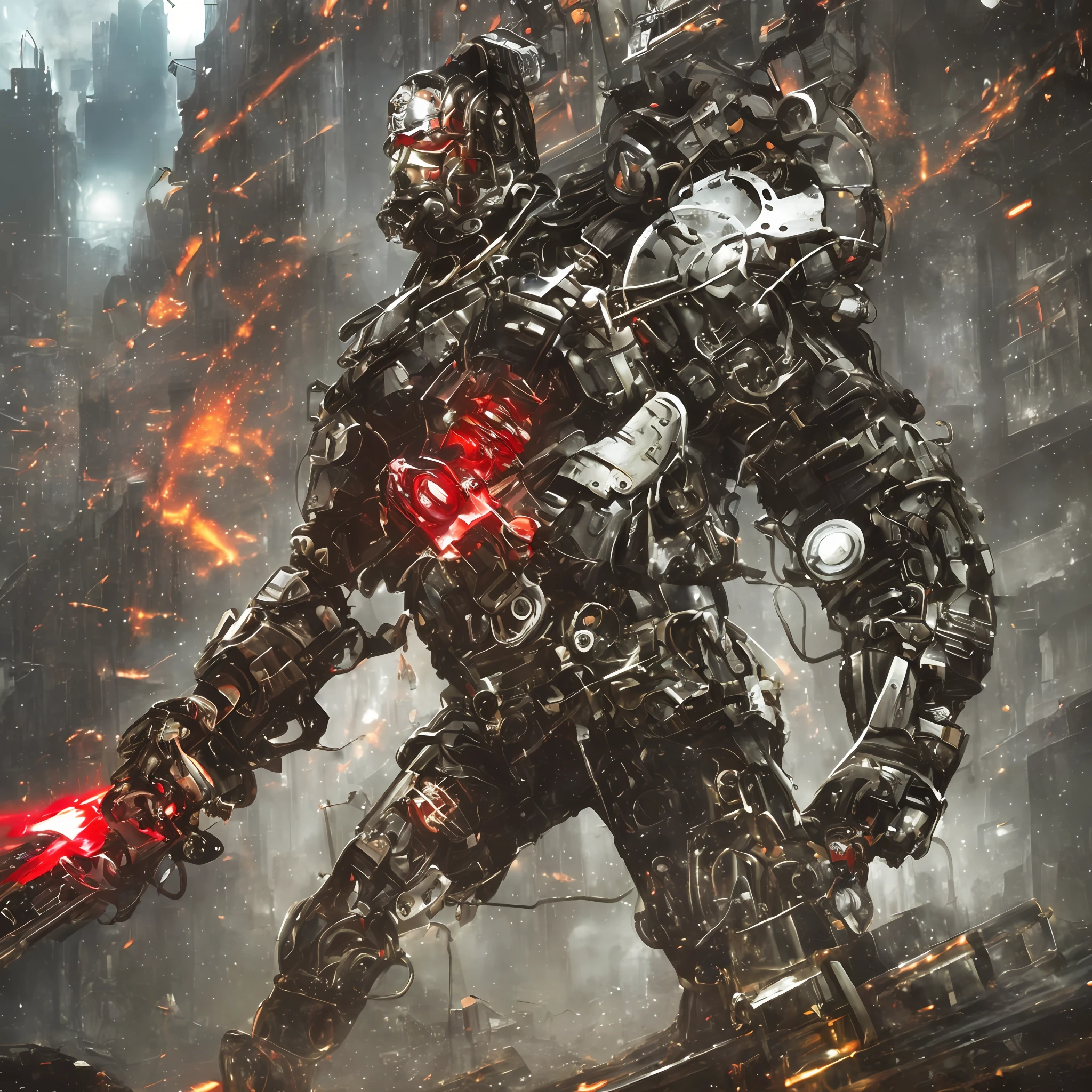 Dark_Fantasy,Cyberpunk,(chain saw,chain saw man,Red:1.1),1man,Mechanical marvel,Robotic presence,Cybernetic guardian, wearing a worn-out mech suit, intricate, (steel metal [rusty]), elegant, clear focus, shot by greg rutkowski, soft lighting, vibrant colors, masterpiece, ((street)), cowboy shot, dynamic pose, --auto --s2