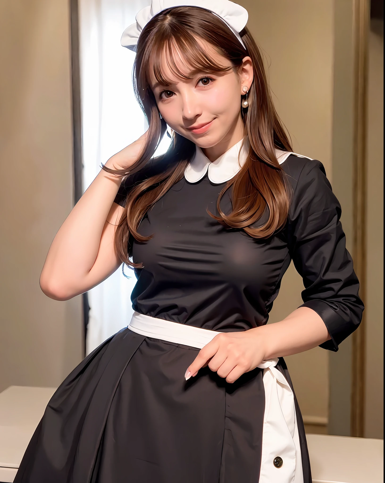 best quality, photorealistic, 8k, high res, 1girl, woman, (skindentation), (professional lighting), (portrait:0.6), (maid dress:1.897), gorgeous, ((brown hair)), (medium hair:1.6), (flowing hair:1.4), (1girl eyes looking at viewer:1), ((looking at viewer:1.6)), (1girl looking at the camera), photorealistic, (bokeh), (portait:0.6), (dynamic pose:1.2), masterpiece, intricate, realistic, sharp focus, award-winning photograph, sfw, (smile:1),