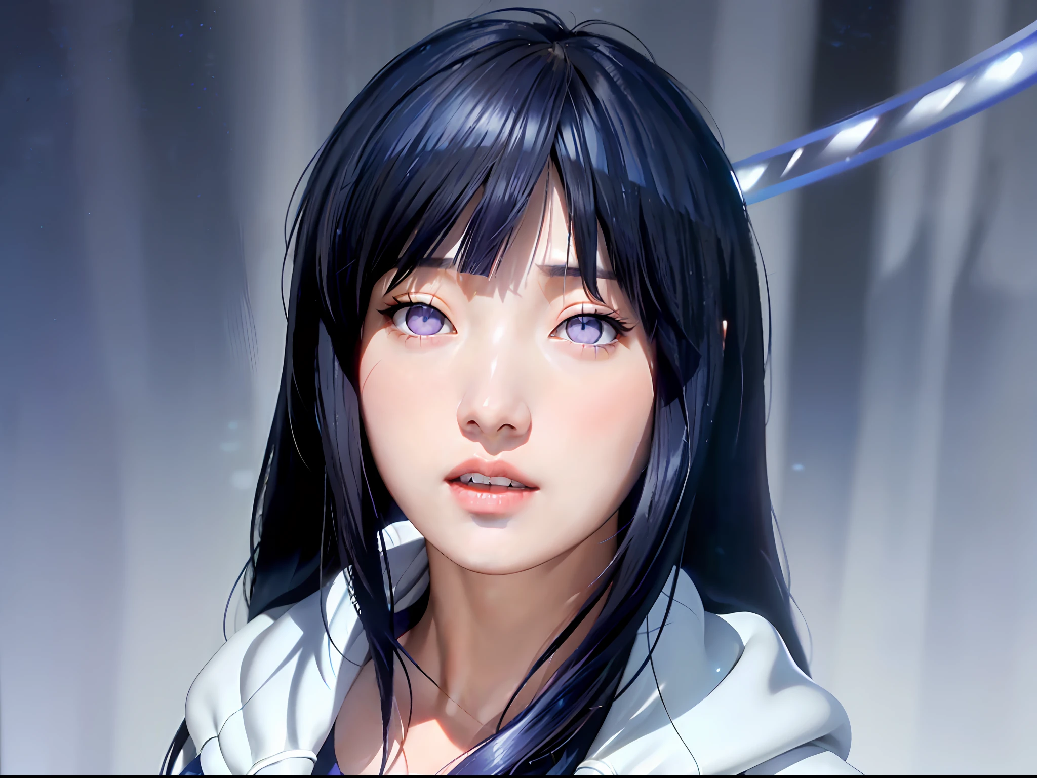 a close up of a person with long hair and a hoodie, hinata hyuga, hinata hyuga from naruto, from naruto, as an anime character, perfect anime face, she has dark blue hair with bangs, female anime character, anime character, anime best girl, hime cut hairstyle, dark blue hair, (red glossy lips:1.3), light purple eyes, (blunt bangs:1.3)
