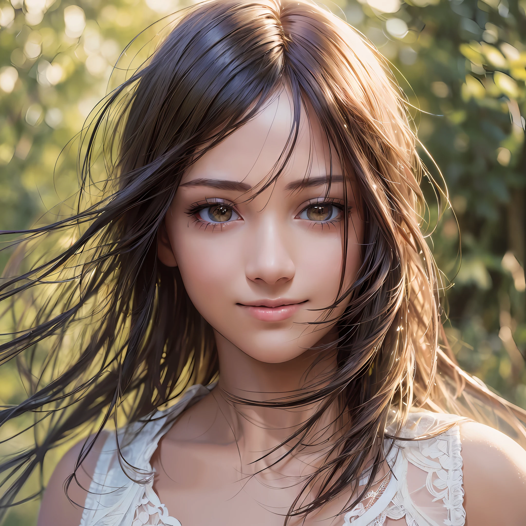 (8k, RAW photo, best quality, masterpiece:1.2), (realistic, photo-realistic:1.37), ultra-detailed, ultra high res,1 girl,looking at viewer,beautiful detailed face,smile,narrow,(slim waist:1.3),shirt, beautiful detailed skin, skin texture, floating hair,professional lighting, --auto --s2