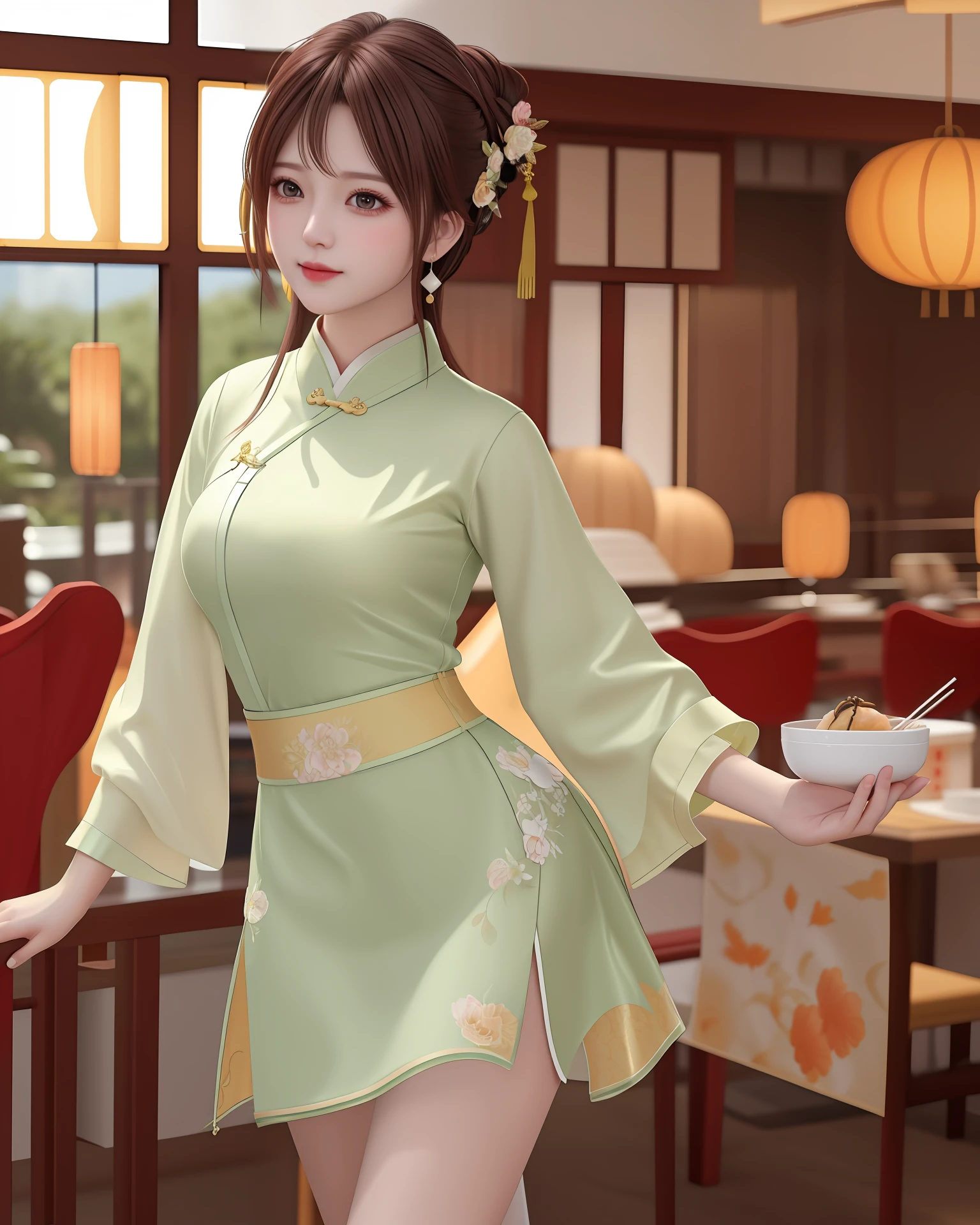 best quality, masterpiece, photo realistic, 8k, 4k, extreme res,  ultra high res, dynamic lighting, real lighting,  ulzzang-6500-v1.1:1.2, waitress looking backwards, holding dimsum, revealing cheongsam, panties, chinese restaurant background