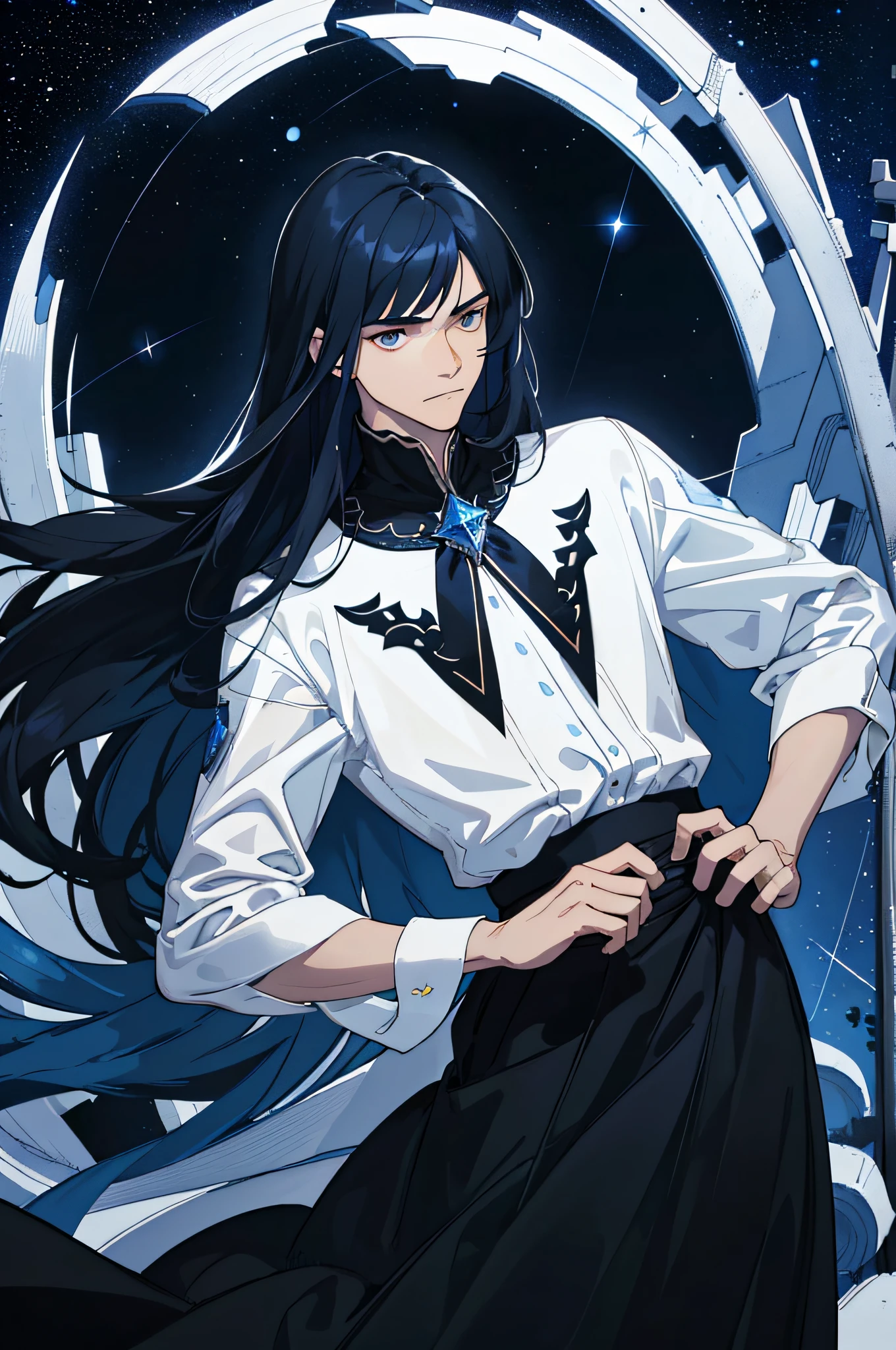 Masterpiece, best quality, teenager, male, long dark blue hair, straight hair, flush bangs, white skin, indifferent expression, intricate details, black skirt, delicate princess dress, dark night, starry sky, stars, black, blue, black background