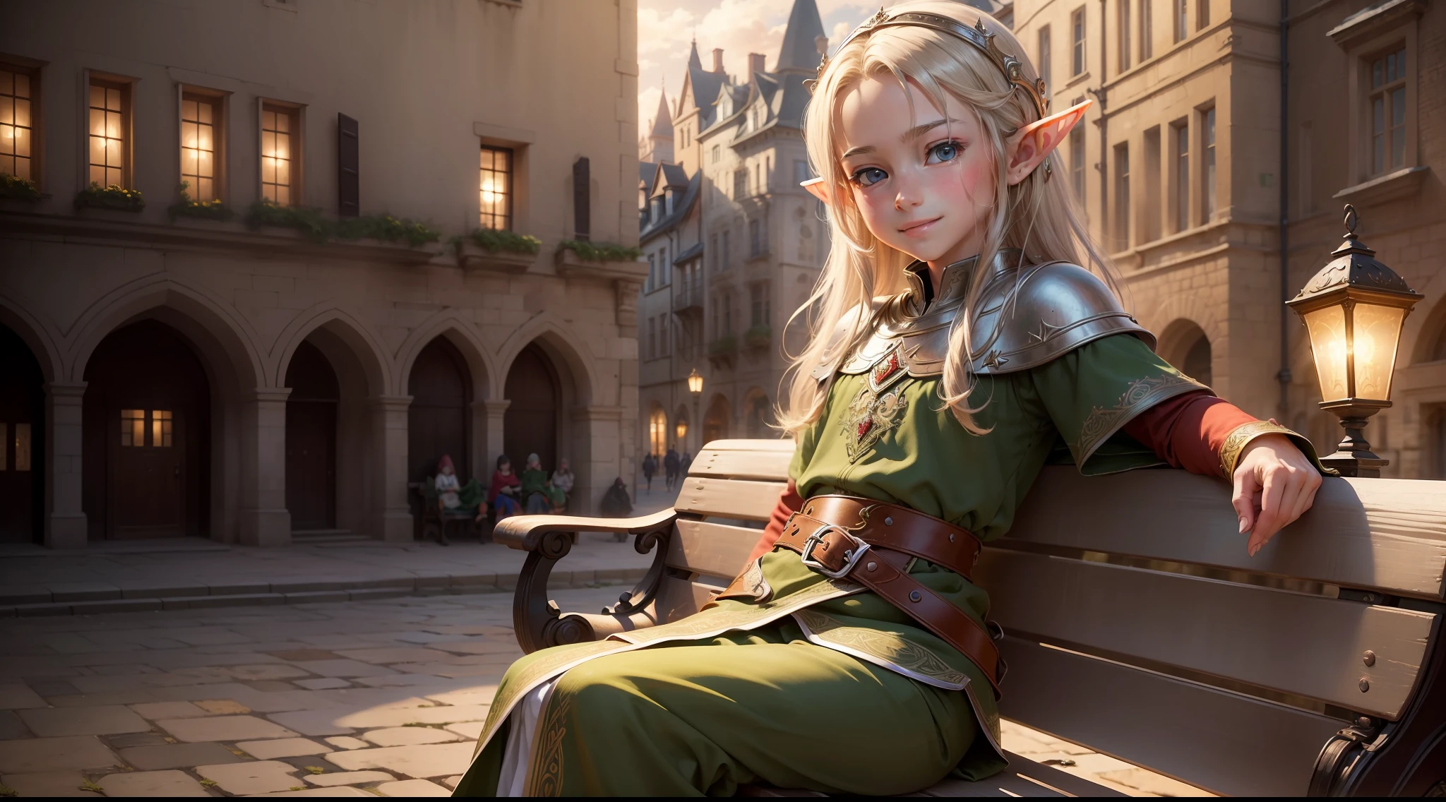((best quality, masterpiece, ultra detailed), perfect lighting, beautiful, sitting on a city bench, , an elf) slender smile, medieval town