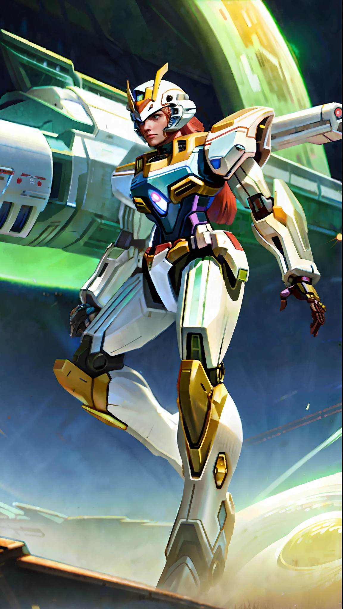 (((Masterpiece)),realistic photography, (solo exhibition: 1.4), (((A beautiful woman wearing a fitted mech suit))))Long hair, cute face, stylish and threatening design, full body, highly detailed, high detail background, combat, planet, hover, a giant shield, shoulder armor, mechanical tailgate, science fiction, fighter jet flying over the earth in space with the moon in the background, concept art, space art,