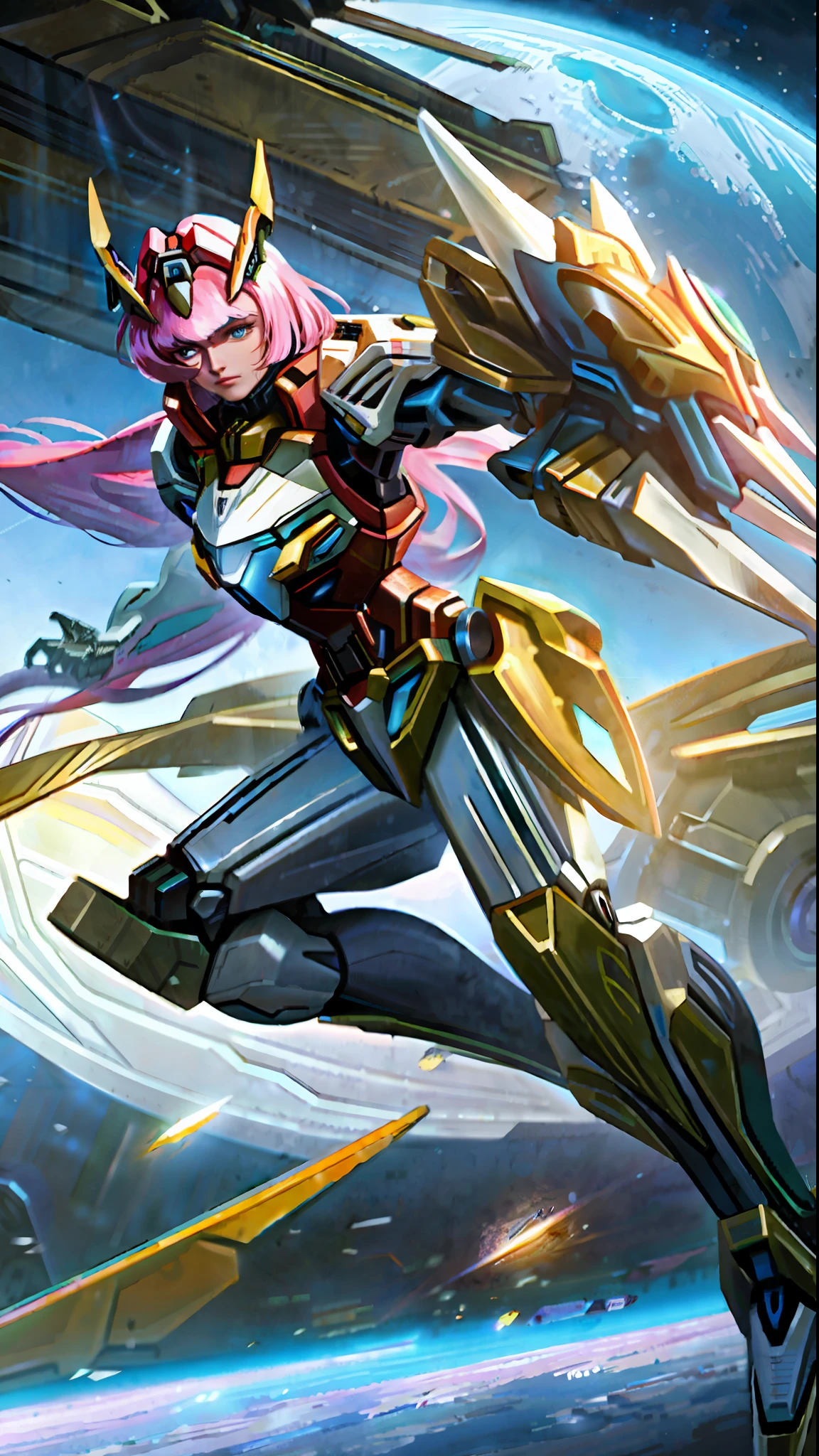 (((Masterpiece)),realistic photography, (solo exhibition: 1.4), (((A beautiful woman wearing a fitted mech suit))))Long hair, cute face, stylish and threatening design, full body, highly detailed, high detail background, combat, planet, hover, a giant shield, shoulder armor, mechanical tailgate, science fiction, fighter jet flying over the earth in space with the moon in the background, concept art, space art,