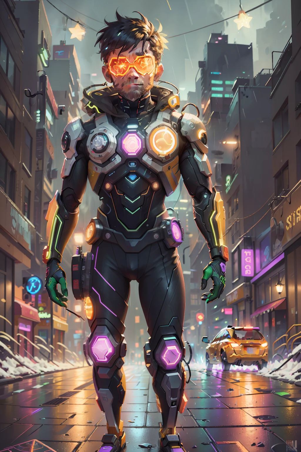 An award winning master piece photo of a cyborg man with psychedelic colors standing in a city street at night in the rain, wearing neon-colored glowing goggles, 8k, (high quality:1.1), (cinematic feeling:1.1), dark deep shadows, incredibly intricate detailing, art , (up close:1.1), from above, looking at viewer, (light sparkles:1.1), (chromatic aberration,:1.2) background with floating light artifacts